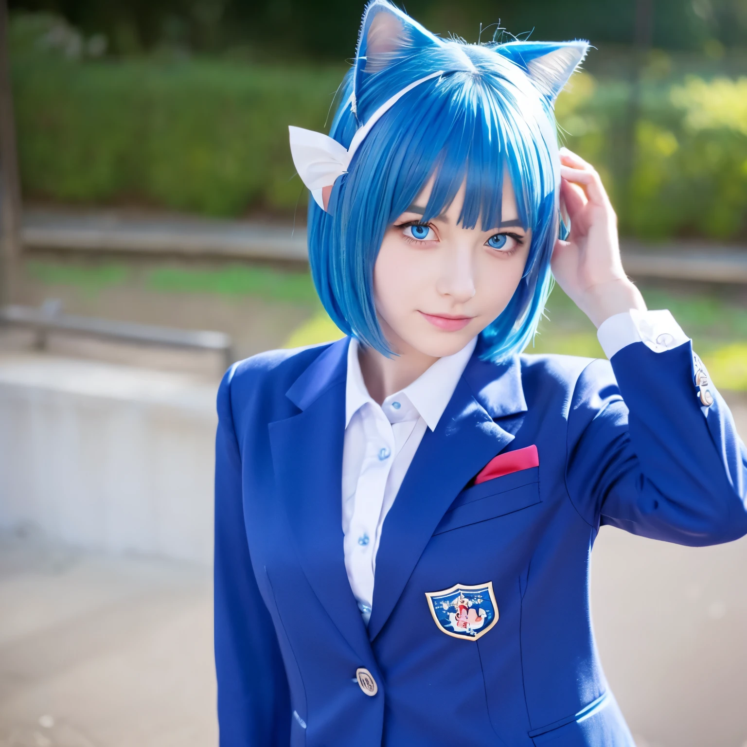 Please draw a girl with blue hair, blue eyes, cat ears, bob haircut and wearing a blazer uniform.