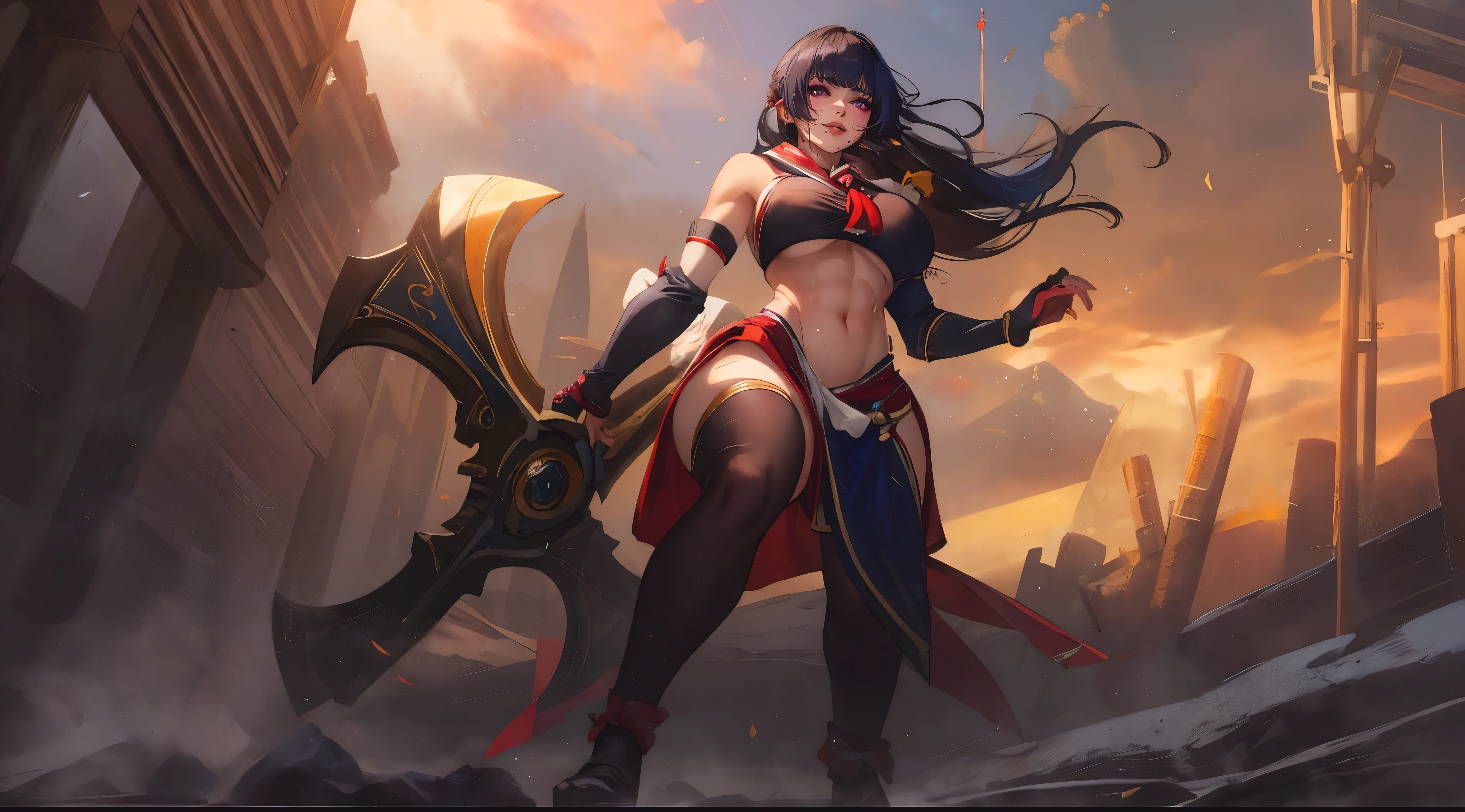 nyotengu, long hair, black hair, mole under mouth, puple eyes, curvy, muscular female, anatomically correct, heavy breathing, huge breasts, mature female, female focus, breasts, 1girl, weapon, outfit-tsubaki, breast curtain, red skirt, red sailor collar, elbow gloves, huge_breasts, looking_at_viewer, solo, wide_hips, sweating, hollow eyes, purple eyes, looking at viewer, seductive smile, mole under mouth, makeup, lips, sweating,