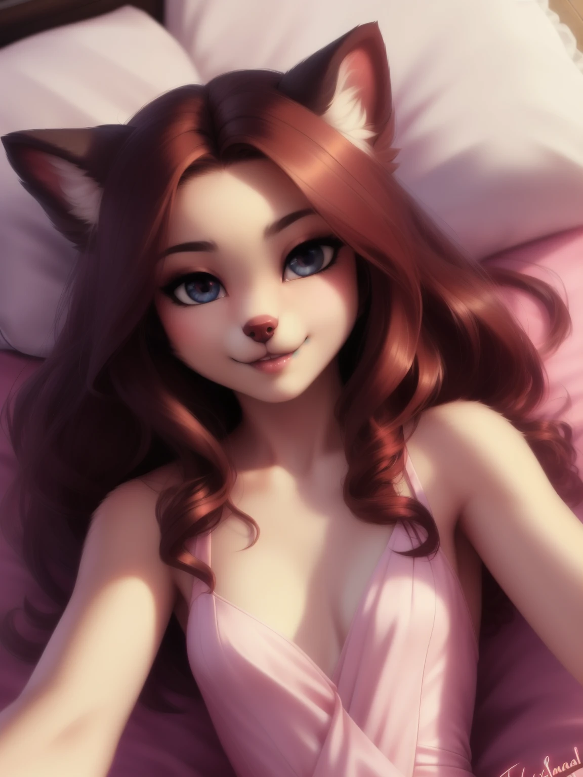 (source_e621), A beautiful and detailed (sweet portrait), ((anthro domistic dog)), anatomically correct, Schlank, small breasts, Hochgeladen E621, detailed flauschige fur, (von Fluff-Kevlar, Bayard Wu, personalami, Pino Daeni), 1girl, skin tight dress, adorable , facing viewer, bed, missionary position, 1girl, realistic, ultra sharp image, view from above, (solo), first person view, cleavage, masterpiece, lying on her back, (lips), teeth, perfect eyes, bellybutton, absurd resolution, ager, longing gaze, beautiful hair, 
