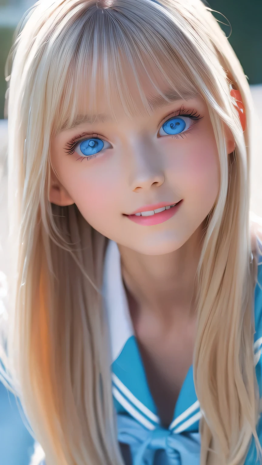 Portrait、、Sailor suit、Young shiny glossy bright white skin、Blonde reflection、Super long, natural platinum blonde hair with dazzling highlights、Bangs between the eyes、bangs that fall on the face、Shiny bright hair,、Super long, silky straight hair、Shiny beautiful bangs、Big, bright, light blue eyes that shine beautifully、Very big eyes、A very beautiful and lovely 16 year old girl.、Ample Bust、Healthy glowing skin、Small Face Beauty、Round face