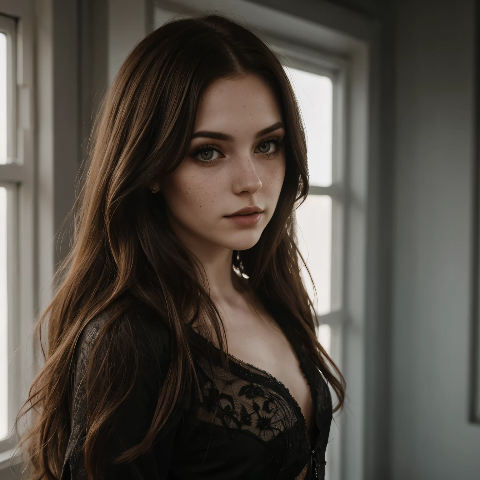 Young toned brunette woman,, long hair, extra pale skin, freckles, bright lighting with shadows, standing, short wavy hair, goth makeup, little butt