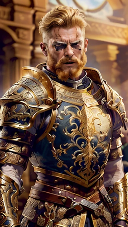 ((highest quality: 1.5)) ((masterpiece: 0.8)), Intricate details, Sharp focus, Professional, Realistic, Real Life, Realistic facial expression, ((((alone, male) Muscular Assassin, Golden Hour, (intense expression)))) Dynamic action poses, Simple face, Realistic and highly detailed rendering style,  alone, break ((((Short Undercut Hair, [Ginger:Blonde Hair:0.4])))), Sumptuous armor from the late Renaissance、It has intricate decoration、No helmet