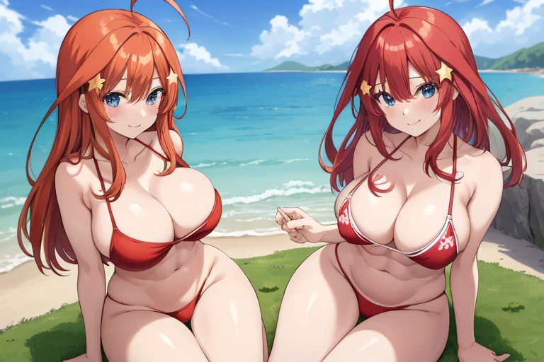 2d, masterpiece, best quality, anime, highly detailed, 5 girl, photo of 5 girl, quintuplets, nakano itsuki, red hair, long hair, star hair ornament, ahoge, large breasts, spa, red bikini, outdoors, smile, sexy body, perfect body, abs muscular, belly button, side breasts, back of thigh, breast size comparison, breast fight, breasts pressing, breasts pressed together, pairing a character with their own self, underboob, lots of breasts, breast sumo, full body, sandwich girls, sandwiched, multiple symmetrical docking 