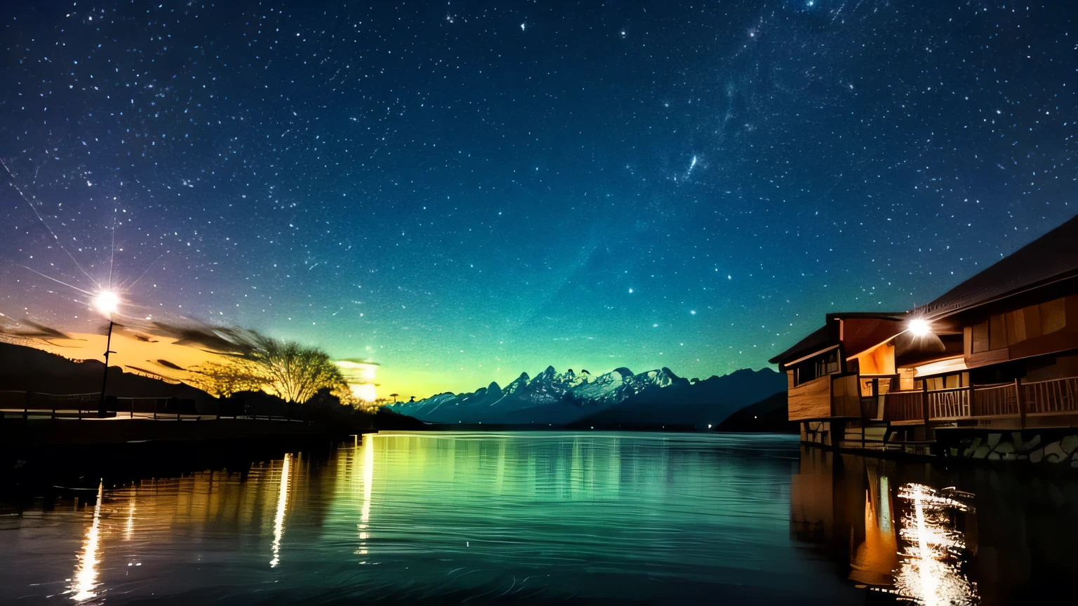 Very detailed, high quality, masterpiece, beautiful, night, (Dark Environment), Mountain々, water, wood, The Universe、mystery、red