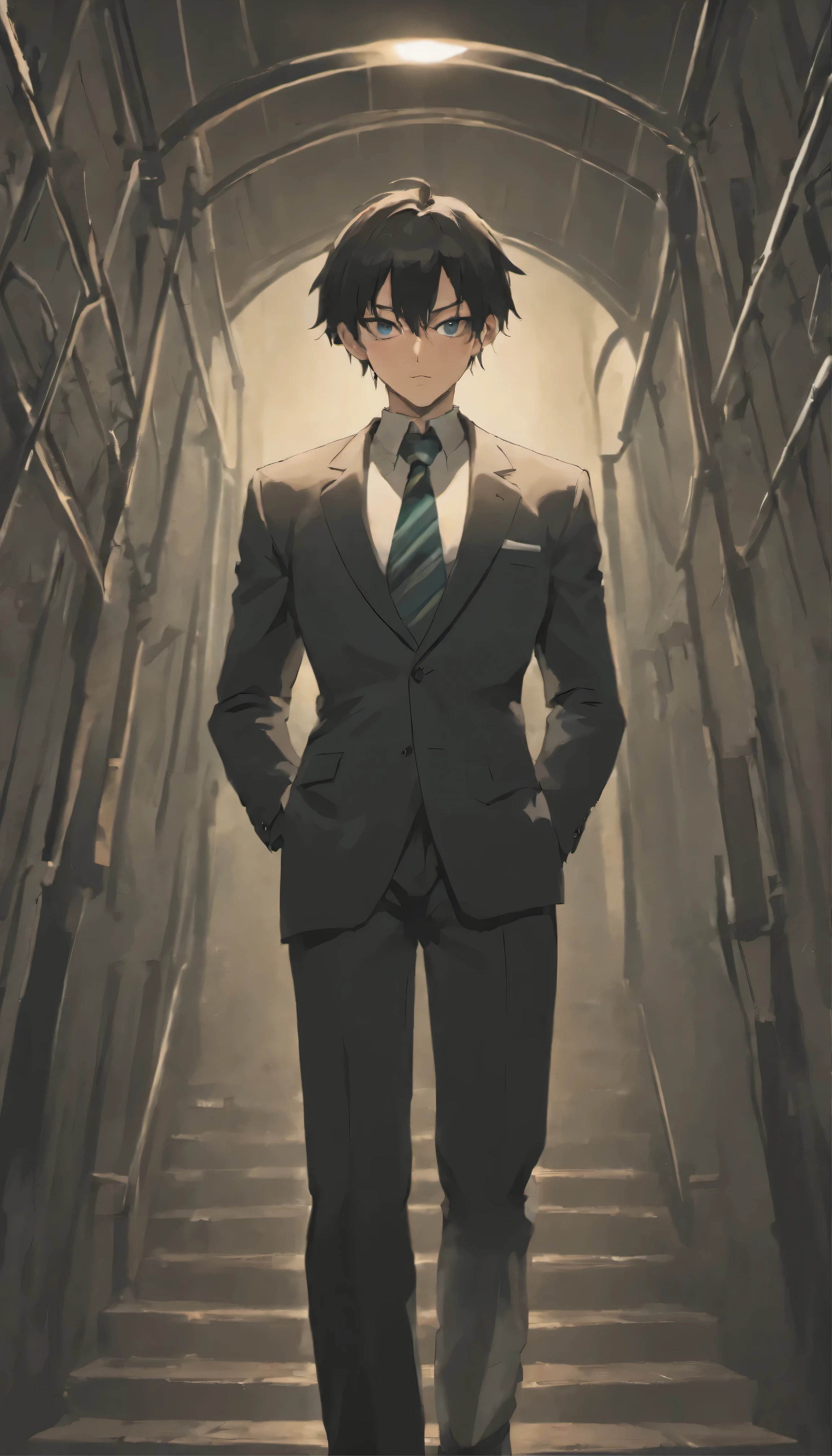 with high definition images，Lupin the Third image，A lonely man、I was standing in the huge, pitch black space of an abandoned warehouse.。A monolithic building towers ominously、The hall々The steep height of the tower cast a desolate and ominous atmosphere.。He was dressed in a smart, well-tailored black business suit.、Blends seamlessly with the shadows、There was an air of unmistakable conviction.。A cunning and mysterious smile appeared on his lips.、At the edge, a hidden joy resonated in the dark surroundings.。Short cut、Stylishly groomed black hair、Smoothly flowing behind me、It was a stark contrast to the gloomy atmosphere.。