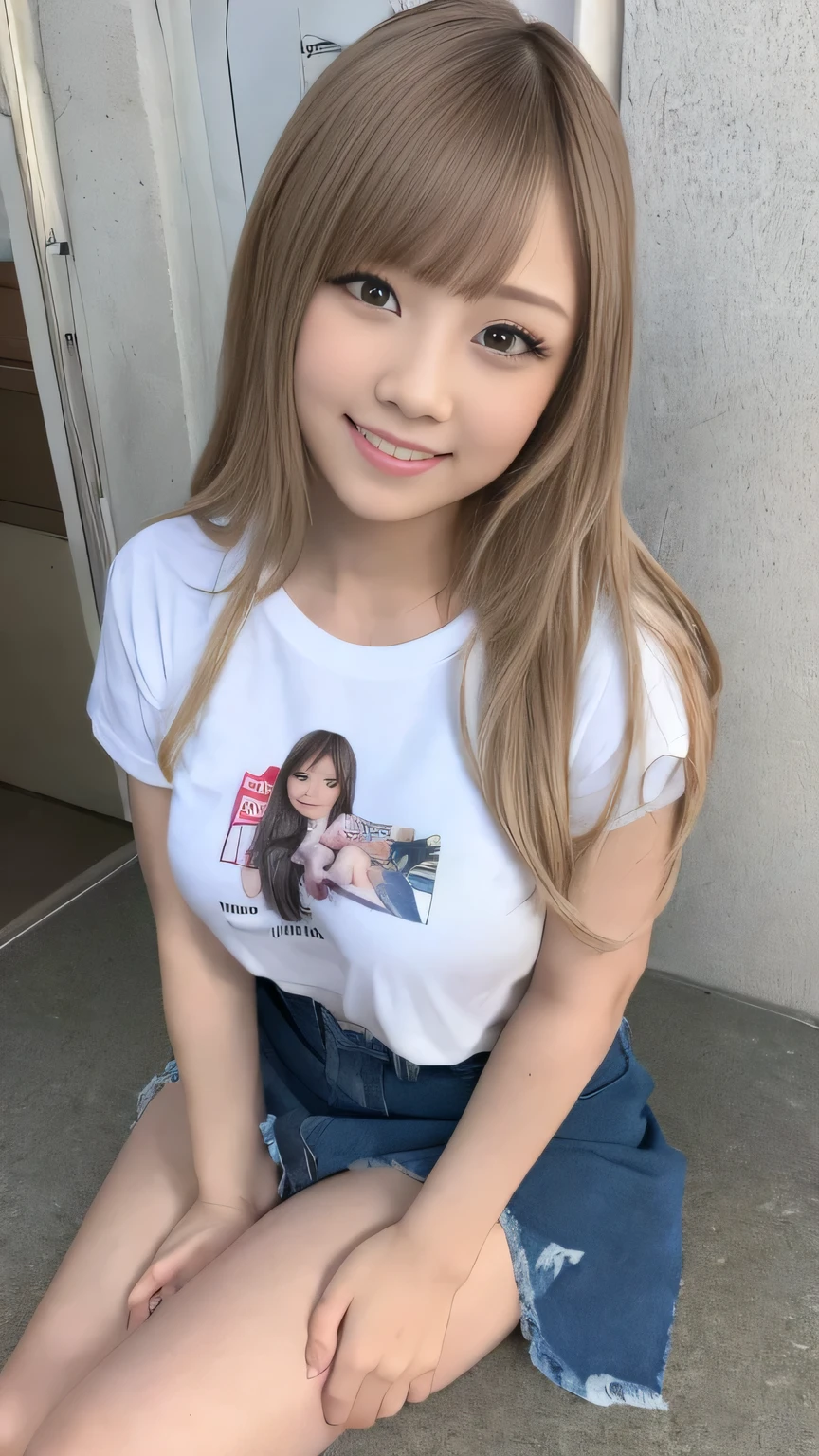 Browsing Caution、throw、Photorealistic perfect body、super high quality、Ultra HD、Japanese、、(lolita girl:、、(White T-shirt:1.3)、(Denim mini skirt:1.2)、、、(smile:1.2)、(blonde:1.1)、、(Gal-style dense shadow eyeliner:1.2)、(Long False Eyelashes:1.2)、Gal-style makeup、 、(White panties:1.1)、Plump thighs、、 Cowboy Shot、Looking into the camera、Sit on a bench、From above