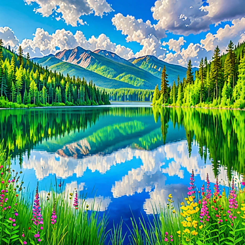 watercolor landscape, beautiful serene lake, lush green forest, mountains in the distance, soft natural lighting, warm color palette, impressionist style, detailed reflections on the water, wispy clouds in the sky, vibrant wildflowers, tranquil atmosphere, picturesque scenery, (best quality,4k,8k,highres,masterpiece:1.2),ultra-detailed,(realistic,photorealistic,photo-realistic:1.37)