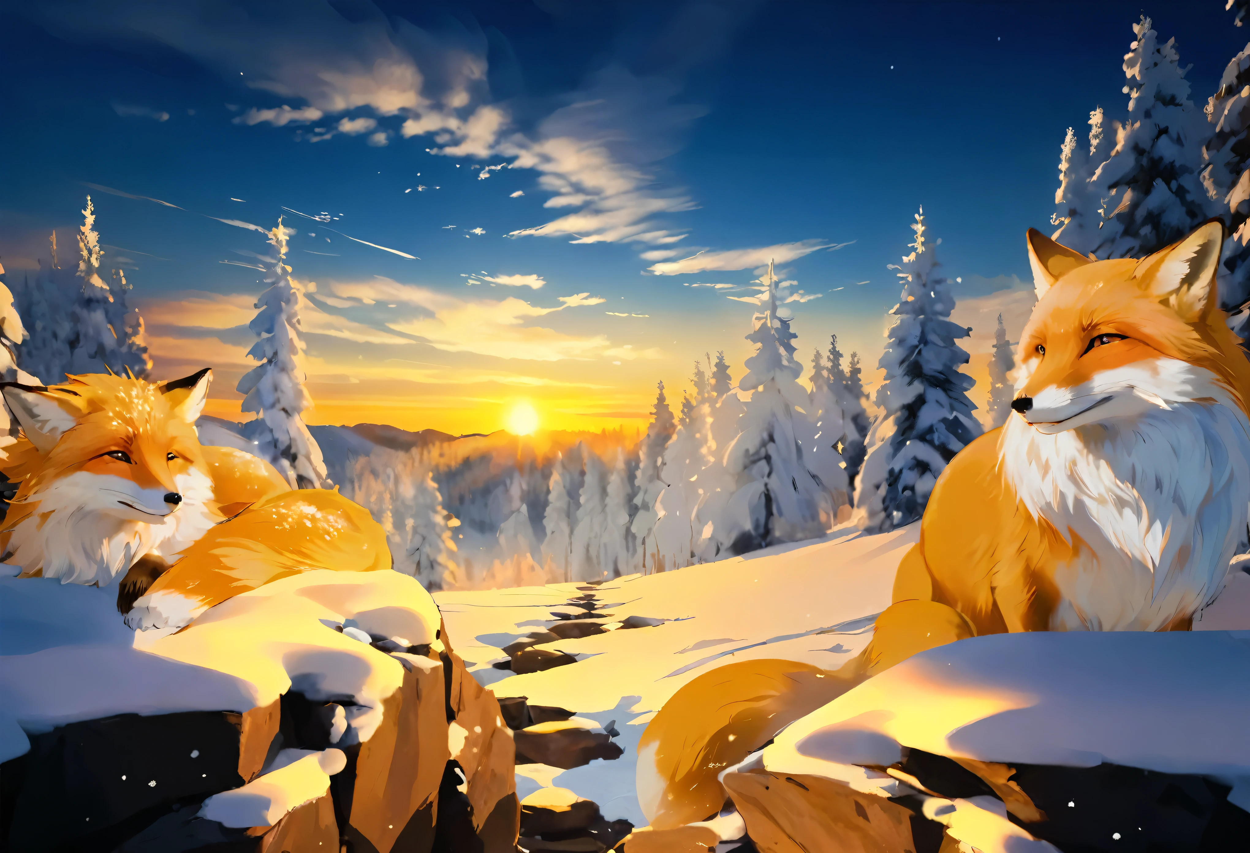 (masterpiece, highest quality, (Highly detailed CG synthesis 8k wallpaper), (highest quality), (Best illustrations), (Best Shadow),),( Cinematic sunlight in the morning on Snow Mountain、Bright and warm sun rays、Fresh shallow stream of clear blue color、 Snow Mountain,Snow Mountain landscape illuminated by the morning glow,Countless rocks covered in snow,Snowy white coniferous forest,The sun begins to rise over the horizon,Snow scenery shining in the morning sun,Snow-capped coniferous forest,),(Two foxes、(A fox illuminated by the morning glow,A fox dozing on the snow with its eyes half open,I can only see one hand,The front legs are black、),(A fox dozing on a rock with its eyes half open,legs are not visible,)),,