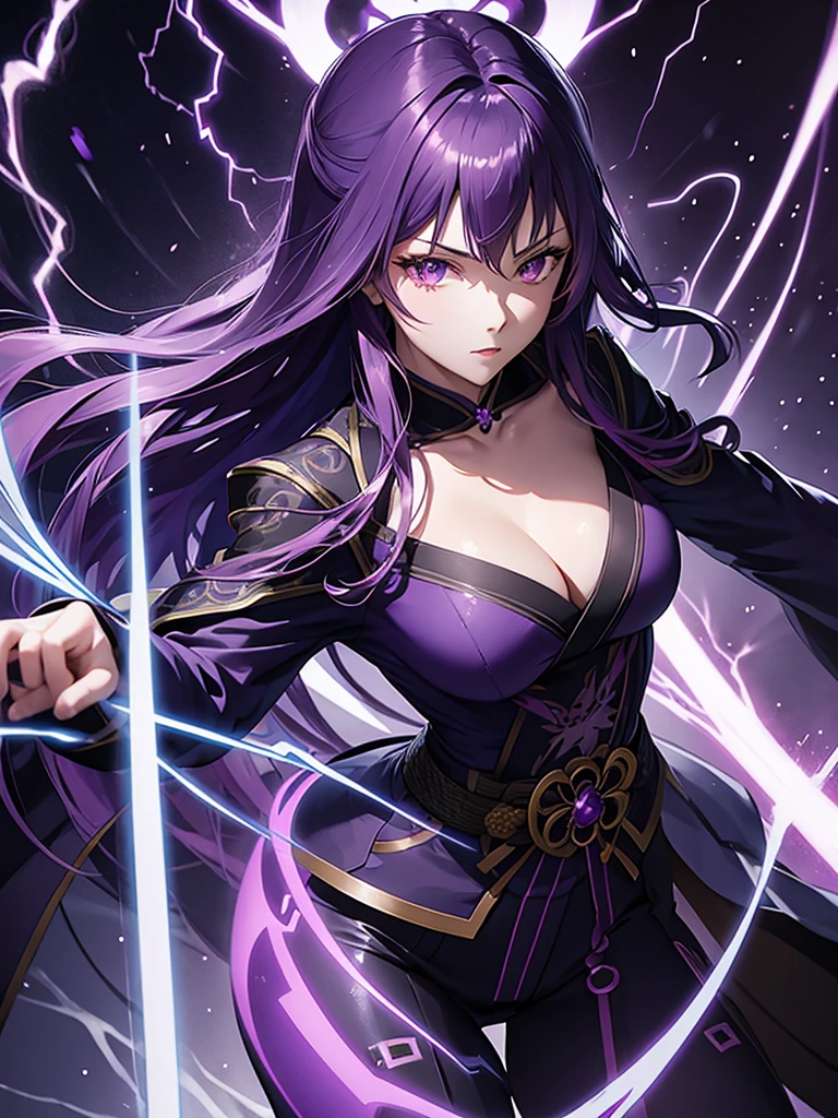 beautiful woman, purple flowing hair, dark purple kimono with lightning patterns, three tomoe icon, purple eyes, Goddess of Thunder and Lightning, thunder purple katana