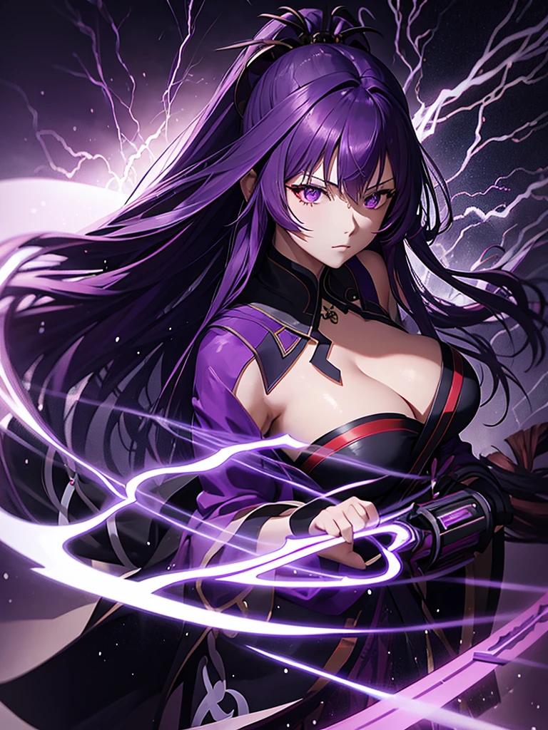 beautiful woman, purple flowing hair, dark purple kimono with lightning patterns, three tomoe icon, purple eyes, Goddess of Thunder and Lightning, thunder purple katana
