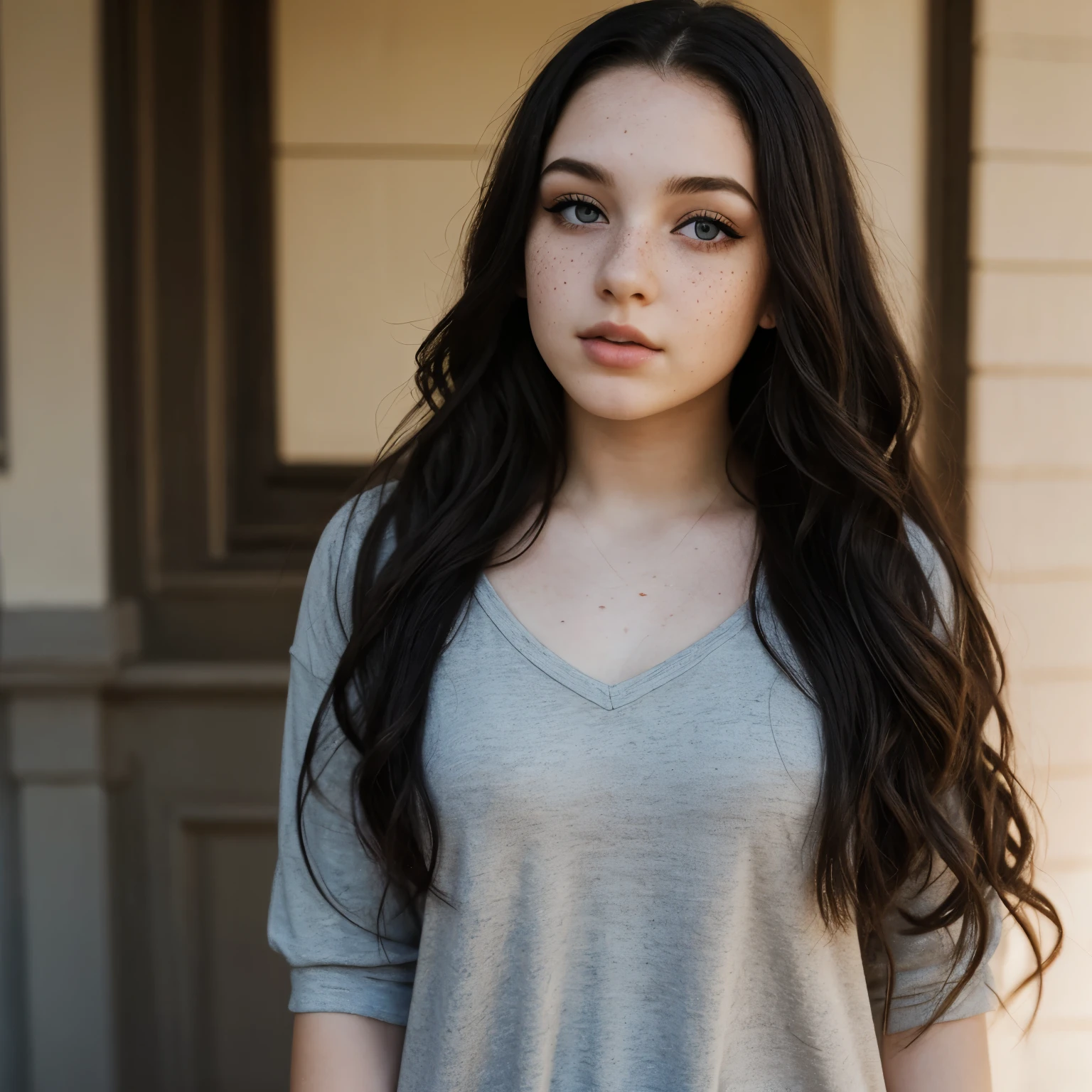Young plump brunette ,, long hair, extra pale skin, freckles, bright lighting with shadows, standing, short wavy hair, goth makeup,