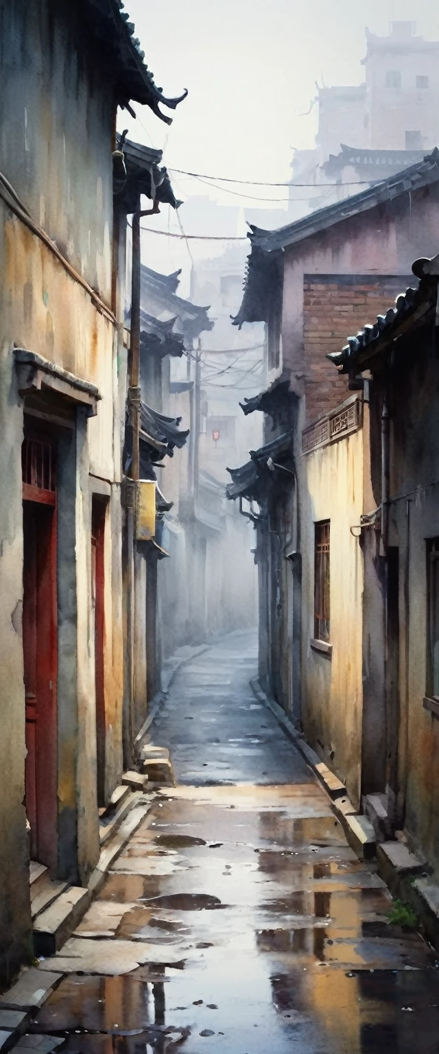 ((watercolor)),  landscape, Blurred, ennui, cloudy, China, Residential Street, Village, danger, (Senior), Alley, Foggy, Loneliness, Shabby, Dim, daily, Hidden Beauty, shadow, old, after the rain, Hazy, Silence, decline, (narrow street), Lonely, Ghost Town, Devastation, Shadow of the City, melancholy, Loneliness, nostalgia, Intensive