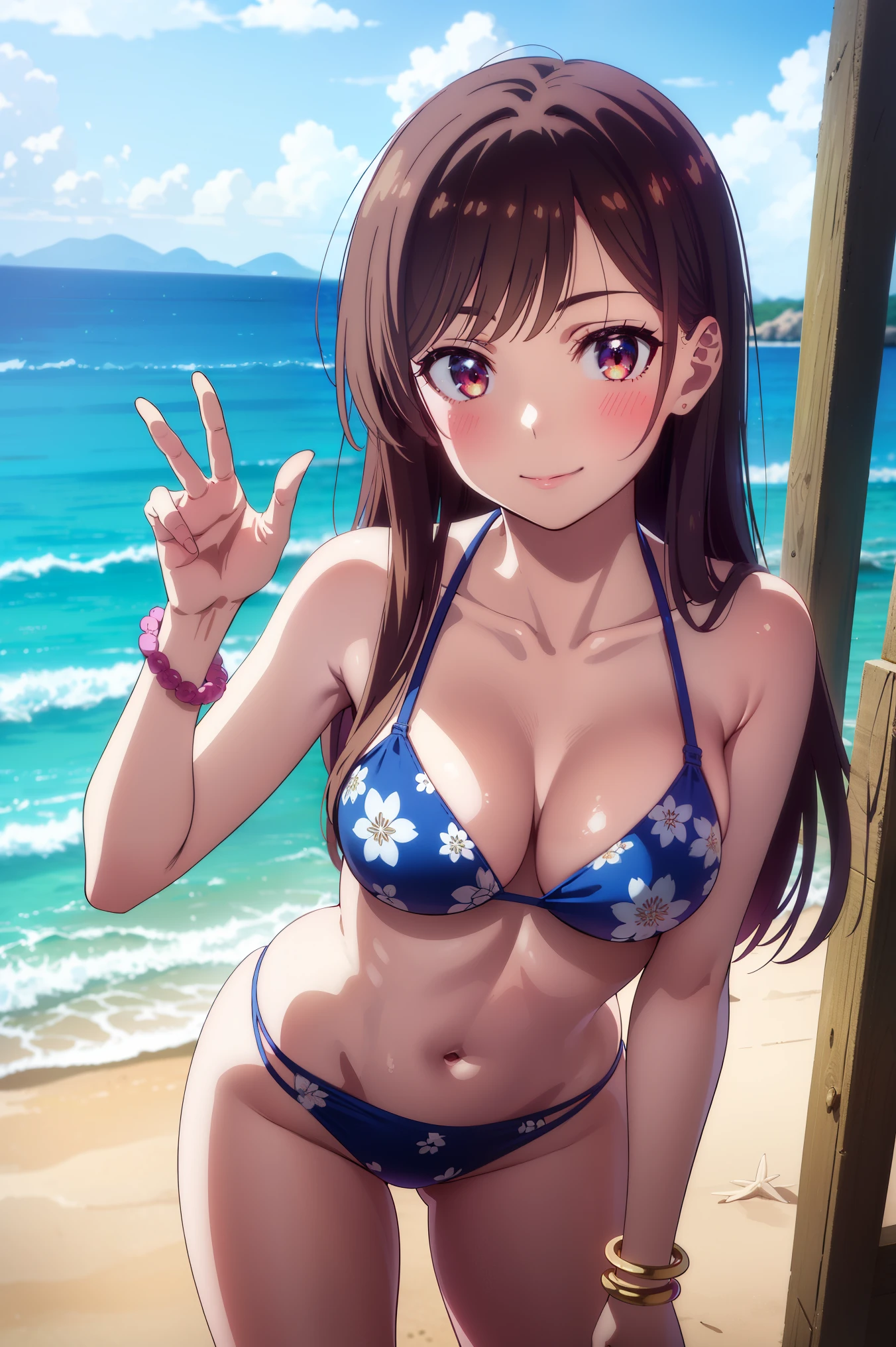 (best quality,4k,highres,masterpiece:1.2),ultra-detailed,realistic,hdr,anime, chi1, 1girl, long hair, one side up, solo, bracelet, bangs, bare shoulders, blue bikini, floral print , beautiful beach ,cowboy shot, smile, v pose, photography pose 