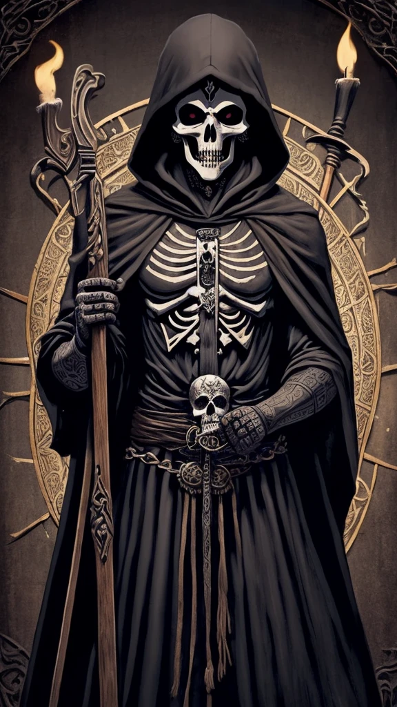 Tarot, la muerte, representado por hombre de calavera, dressed in a black hooded robe with rustic finishes, manos y pies de huesos, in his hands he has a scythe