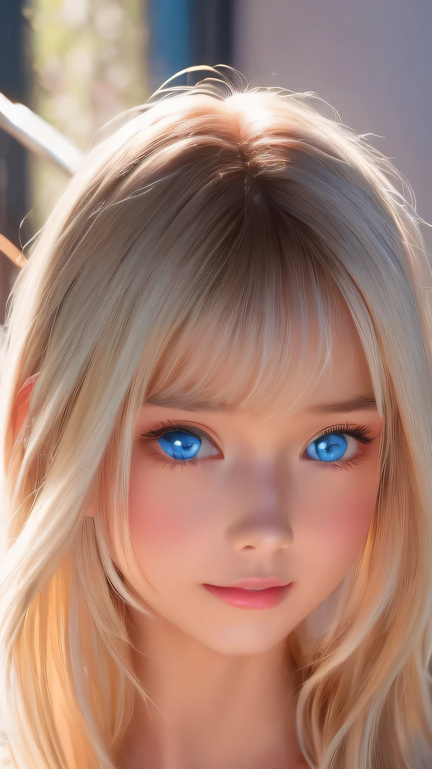 Portrait、、Sailor suit、Young shiny glossy bright white skin、Blonde reflection、Super long, natural platinum blonde hair with dazzling highlights、Bangs between the eyes、bangs that fall on the face、Shiny bright hair,、Super long, silky straight hair、Shiny beautiful bangs、Big, bright, light blue eyes that shine beautifully、Very big eyes、A very beautiful and lovely 16 year old girl.、Ample Bust、Healthy glowing skin、Small Face Beauty、Round face