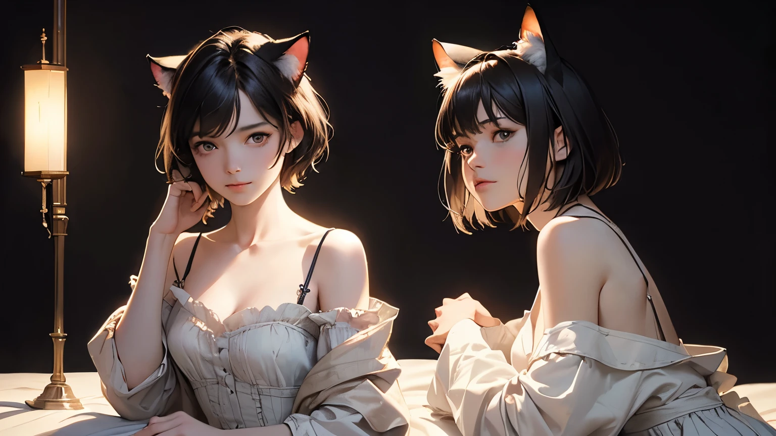 (Sargent-style watercolor)、(highest quality、masterpiece)、(Realistic:1.5), RAW Photos, (Shabby attic)、(1 girl, Off the shoulder,Cat ear、short hair、Sexy Looks, whole body、Sitting on the edge of a simple bed)、 In the Dark, Deep Shadow, secret key, Cold Light, dim、lamp、(Simple Background)、((Black Background))、