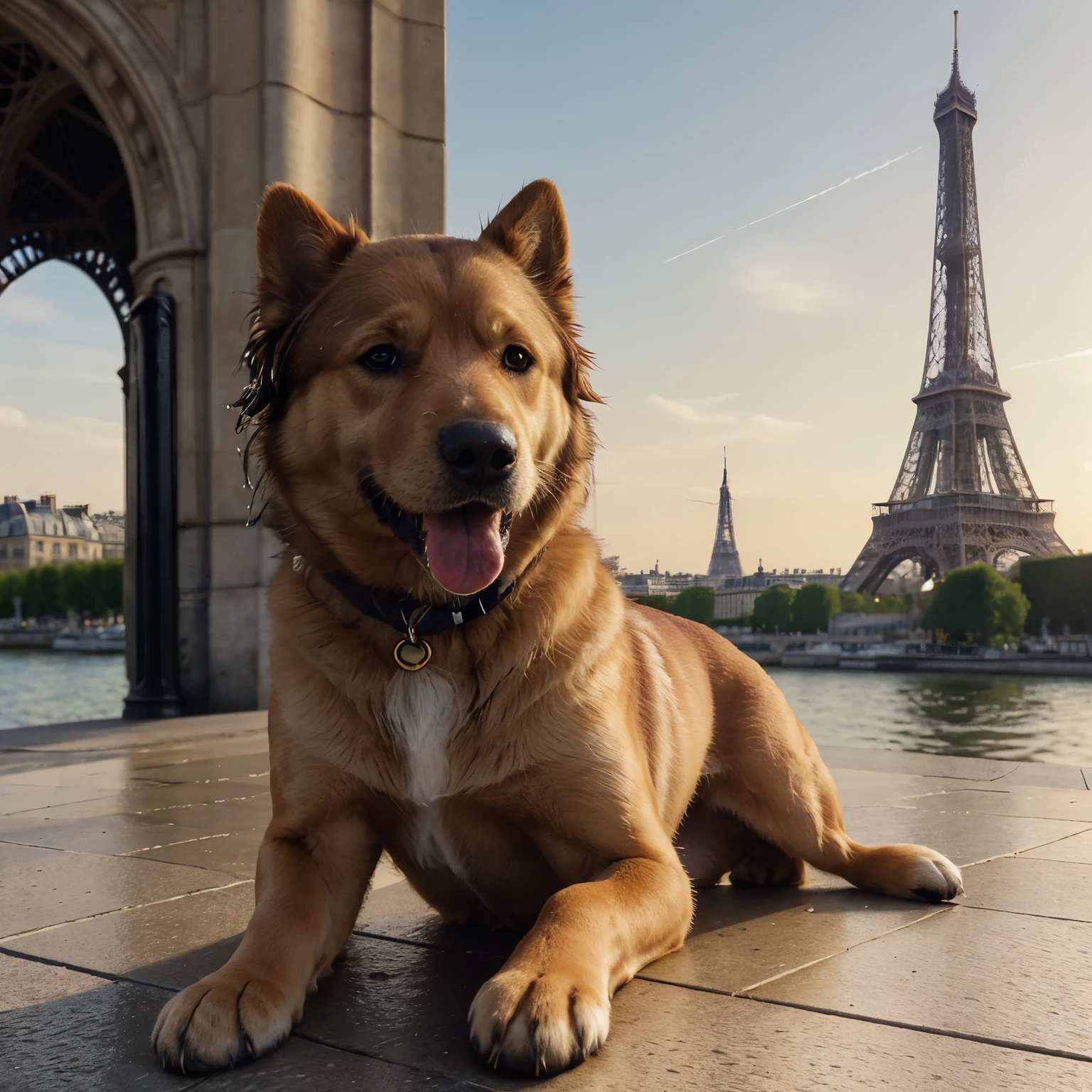 (Ultra High Definition, Photorealistic: 1.1), Stunning Canine Photography, Iconic Parisian Landmark - Eiffel Tower, Playful Puppy, (Golden Retriever: 0.8), (Lying Down: 0.5), Brown Eyes, Wet Nose, Perfectly Coiffed Fur, (Semi-Long: 1.1), Golden Hour Lighting, Warm Tones, Soft Shadows, Parisian Skyline in the Background, (Blurred: 0.7), French Architecture, (Notre-Dame: 0.5), Historical Monument, (Love Lock Bridge: