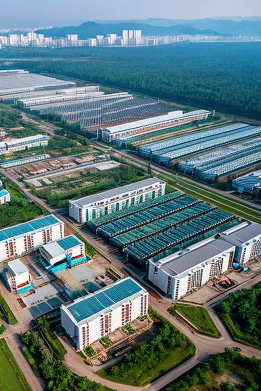 Aerial photo of a row of semiconductor factories