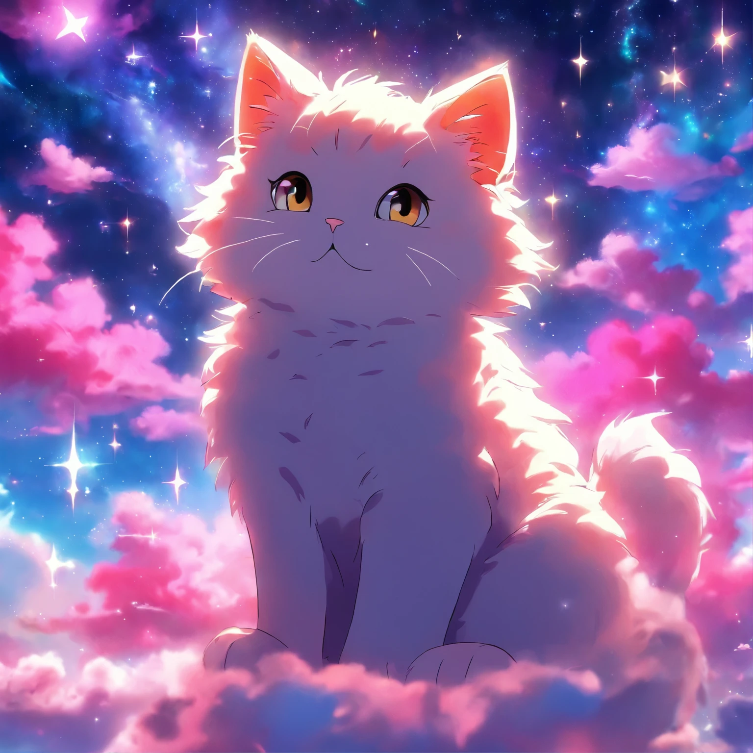 anime, cat, clouds, stars, sky, stars, clouds, cat, cat, cat, cat, cat, cat, cat, cat, cat,, sitting on the cosmic cloudscape, very very beautiful furry art, cat cat dreamcats, fluffy pink anime clouds, cats cat dreamcats, on a galaxy looking background, anime cat, dreamy psychedelic anime