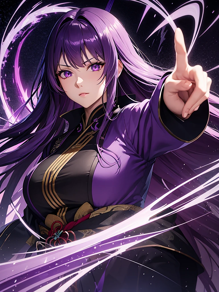 beautiful woman, purple flowing hair, dark purple kimono with lightning patterns, three tomoe icon, purple eyes, Goddess of Thunder and Lightning, thunder purple katana