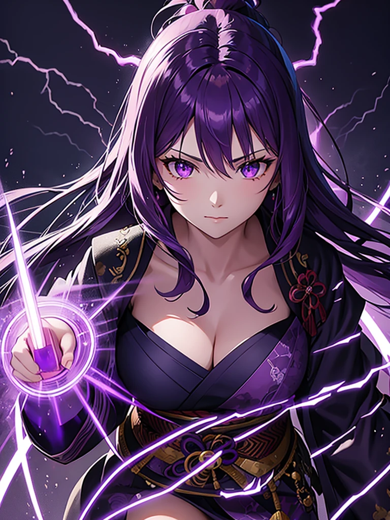 beautiful woman, purple flowing hair, dark purple kimono with lightning patterns, three tomoe icon, purple eyes, Goddess of Thunder and Lightning, thunder purple katana