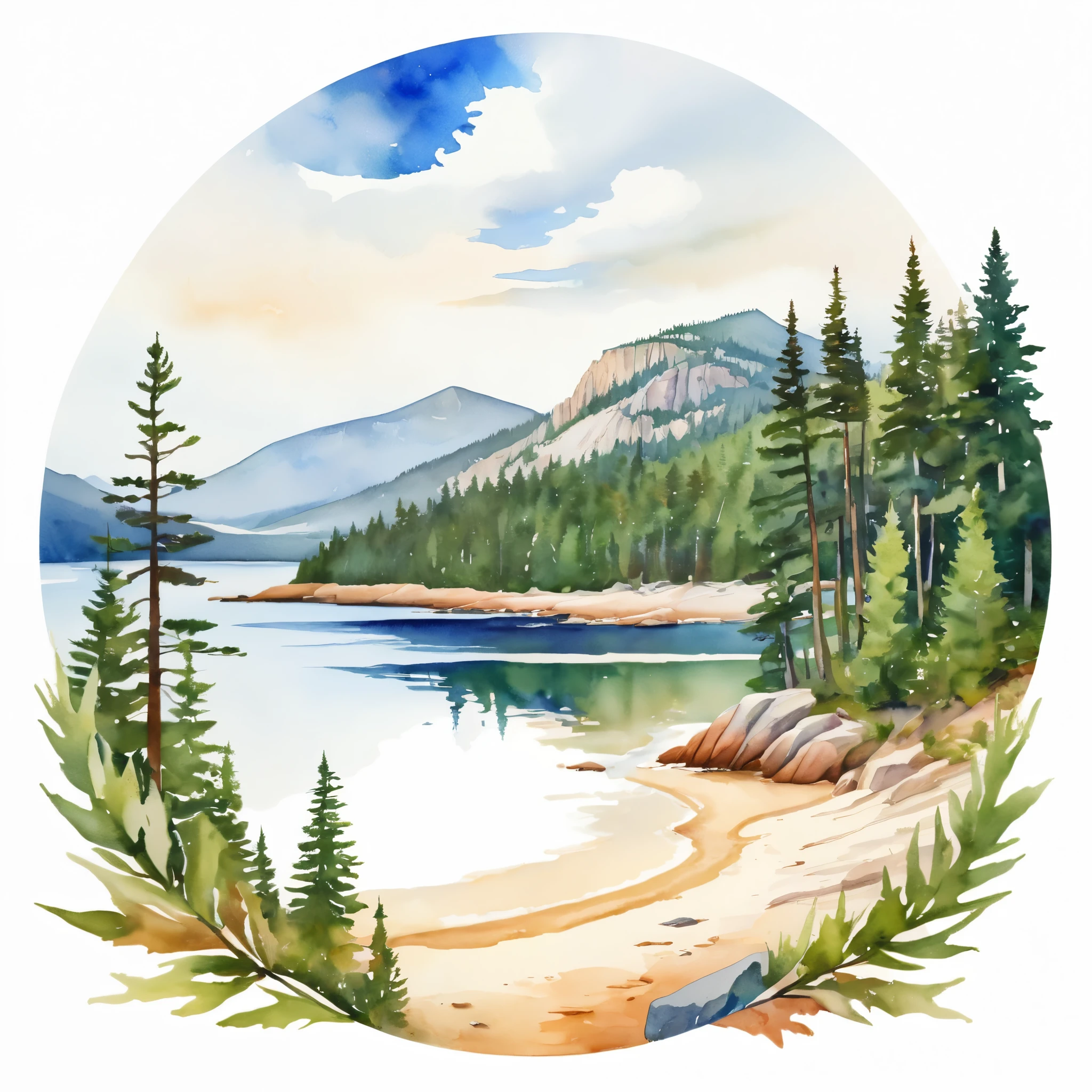 a logo showing a watercolor painting of Acadia National Park with mountains,pine trees, and sand shore, beside a lake, in the style of Tetiana Gorbachenko, transparent white background,
