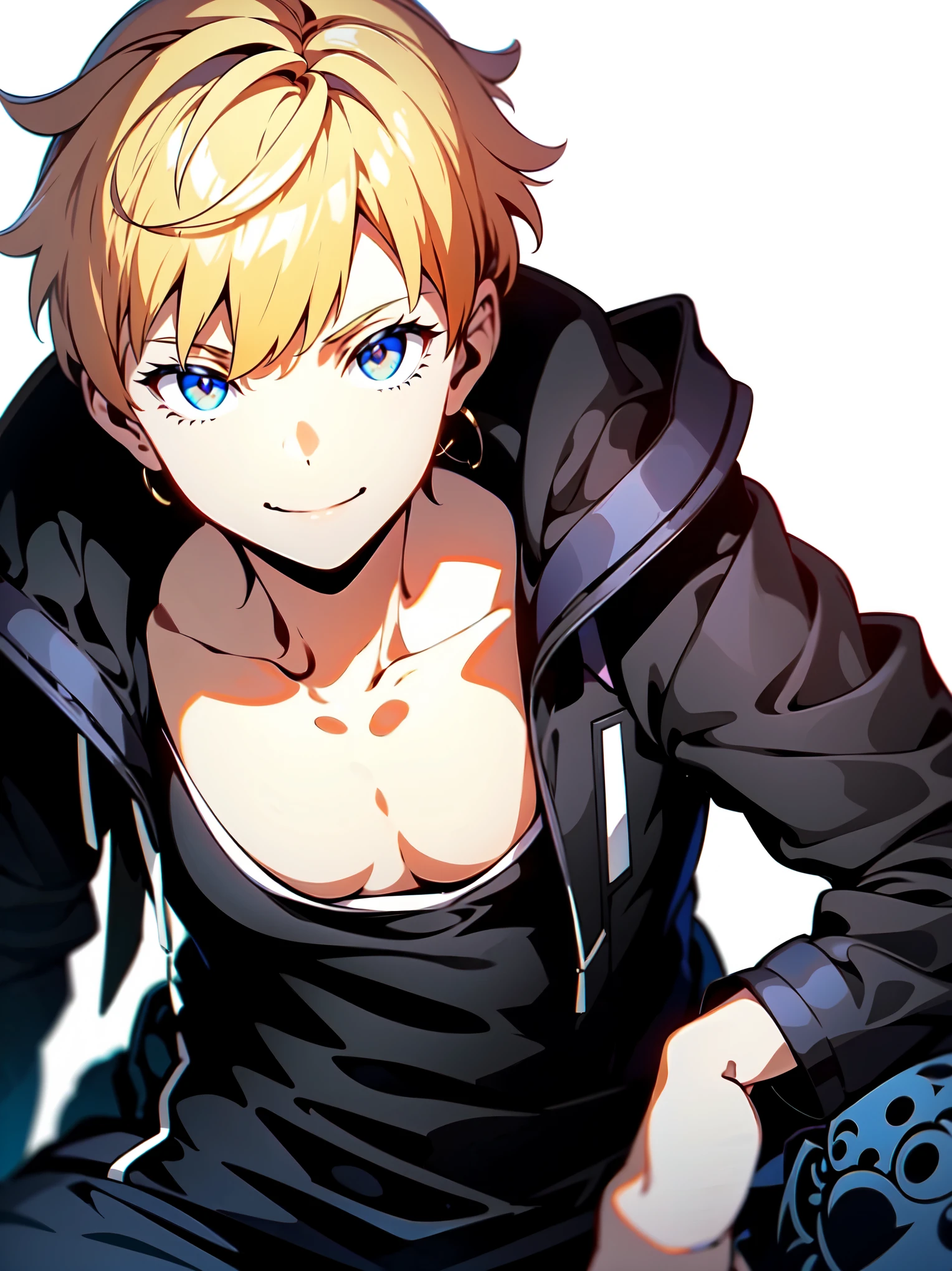 1 boy,Blonde hair, sharp eyes, blue eyes,smile,Black tank top,white background,(detailed eyes),detailed skin,masterpiece