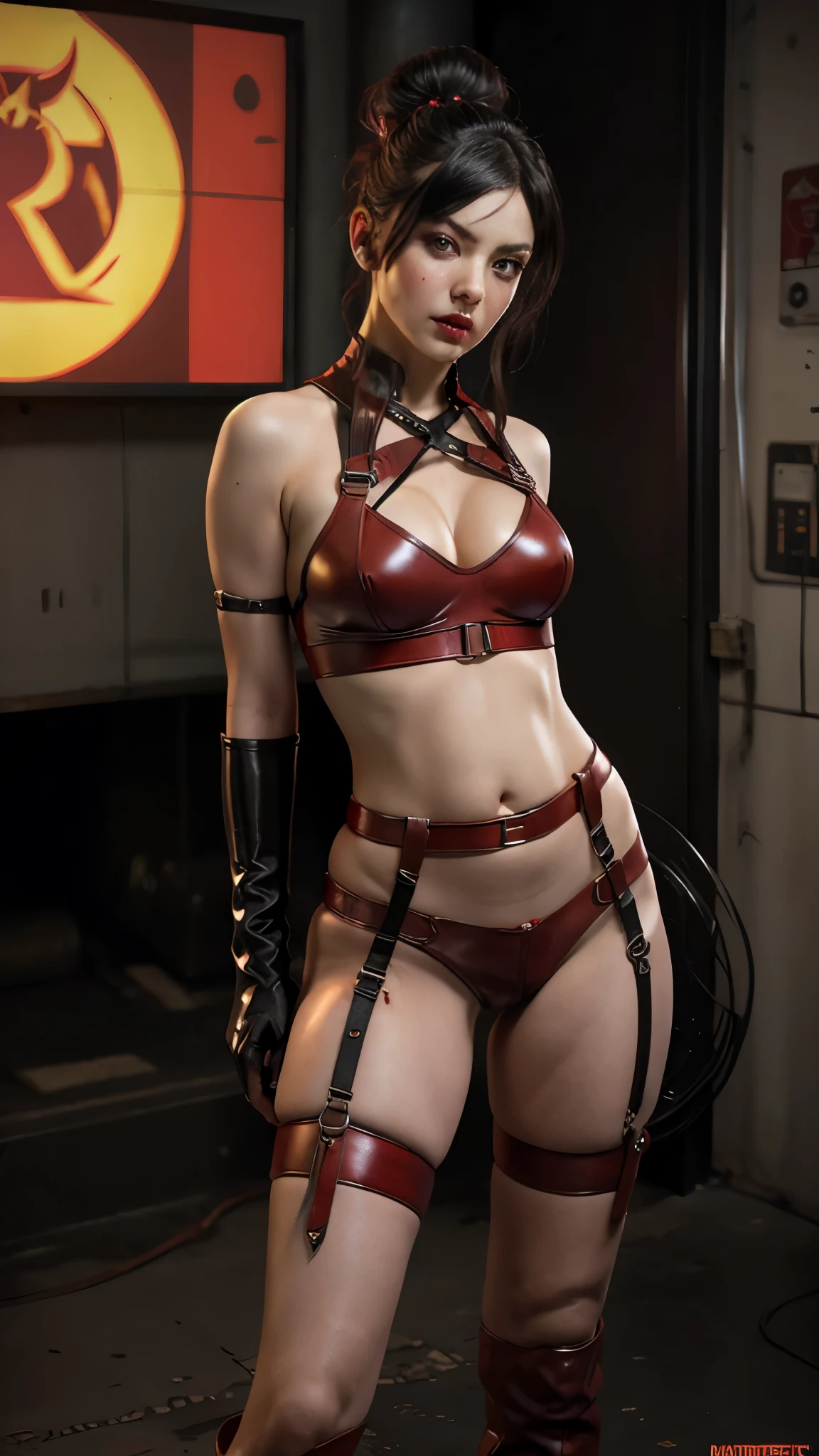 ((masterpiece, highest quality, High resolution, Realistic, to be born, 8k wallpaper)), (Huge and stunning goddess shot, Very hot and sexy, Amazing beauty, Perfect balance, Beautiful body, Slim body beauty: 1.4),there is a woman in a red bikini and black leather Harness, Cyberpunk style outfit, Wearing a shiny breastplate, Cyberpunk Costume, Wearing technical clothing and armour, Red bra, Harnesses and garters, Wearing a sexy crop top, Interesting outfits, Post-apocalyptic atmosphere, Very sexy devil costume, Cyberpunk Angry Gorgeous Goddess, skintight red leather armor, Harness
