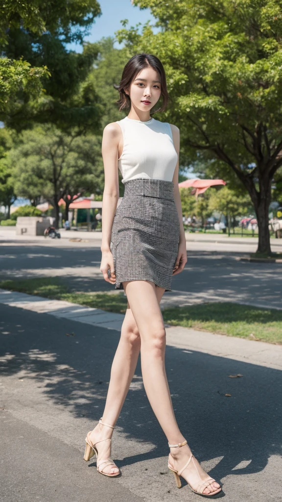 Taiwanese beauty,In the park,walk,sunny,long legs