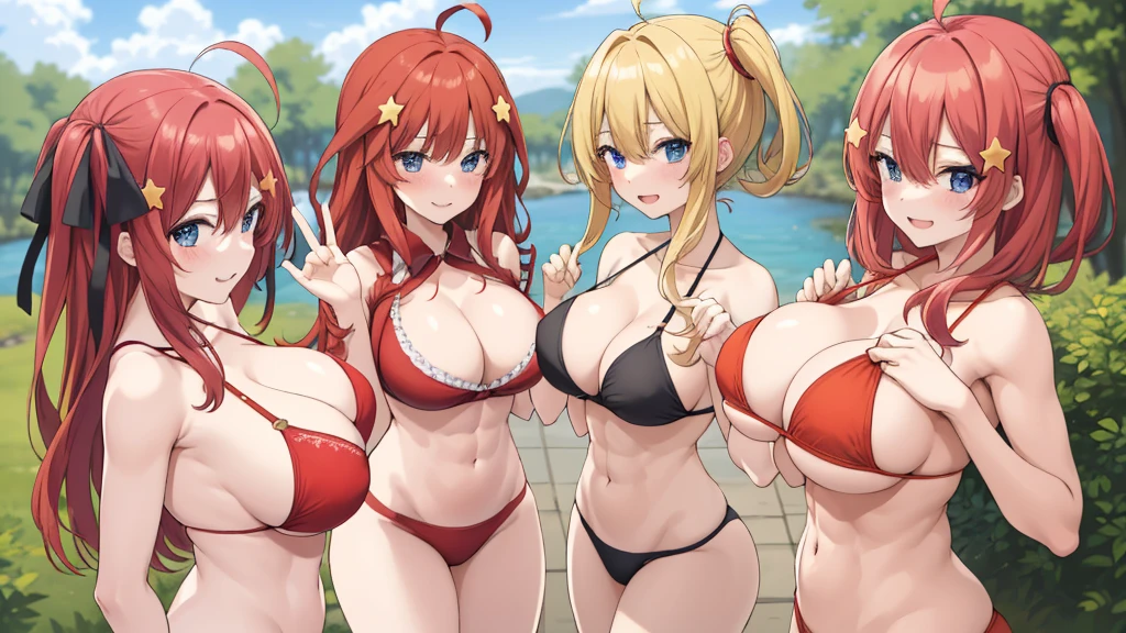 2d, masterpiece, best quality, anime, highly detailed, 5 girl, photo of 5 girl, quintuplets, nakano itsuki, red hair, long hair, star hair ornament, ahoge, large breasts, spa, red bikini, outdoors, smile, sexy body, perfect body, abs muscular, belly button, side breasts, back of thigh, breast size comparison, breast fight, breasts pressing, breasts pressed together, pairing a character with their own self, underboob, lots of breasts, breast sumo, full body, sandwich girls, sandwiched, multiple symmetrical docking 