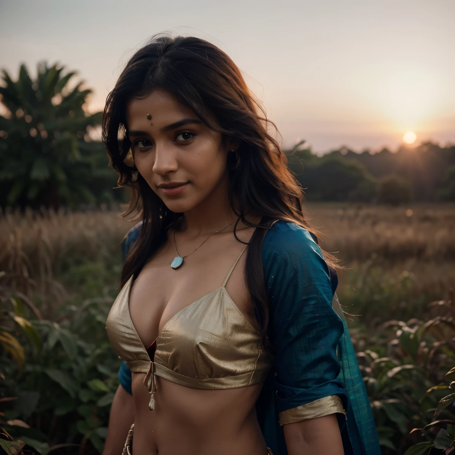 20 year old Tamil girl, inside sugarcane field, evening sky, bossy sassy photoshoot, (wearing expensive sleeveless choli, long skirt), (intricate detailing of face eyes nose mouth full lips & body parts), textured skin, smile:0.6, eyes symmetry, face symmetry, 256K, HDR, hyper realistic, intricate detailing, yotta-pixel image, yocto-pixel detailing showing breasts