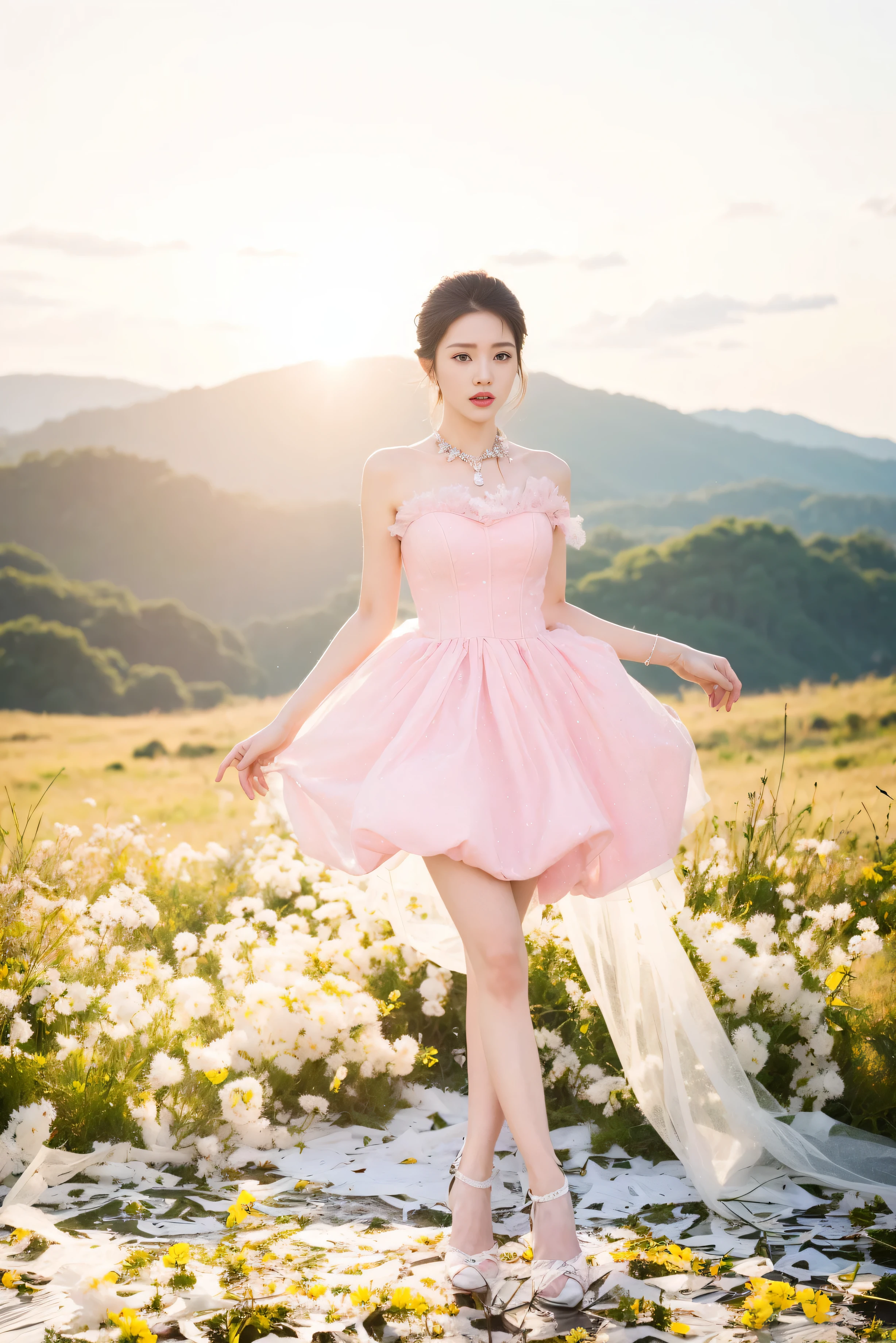 (Highly detailed body,Highly detailed face,Best quality at best:1.2) ,A woman who is,(Dandelions flutter in the wind in the background),a Korean girl,HD photo effects,Artistic photos,lacy white dress,Long black hair,beautiful face,No bra。
