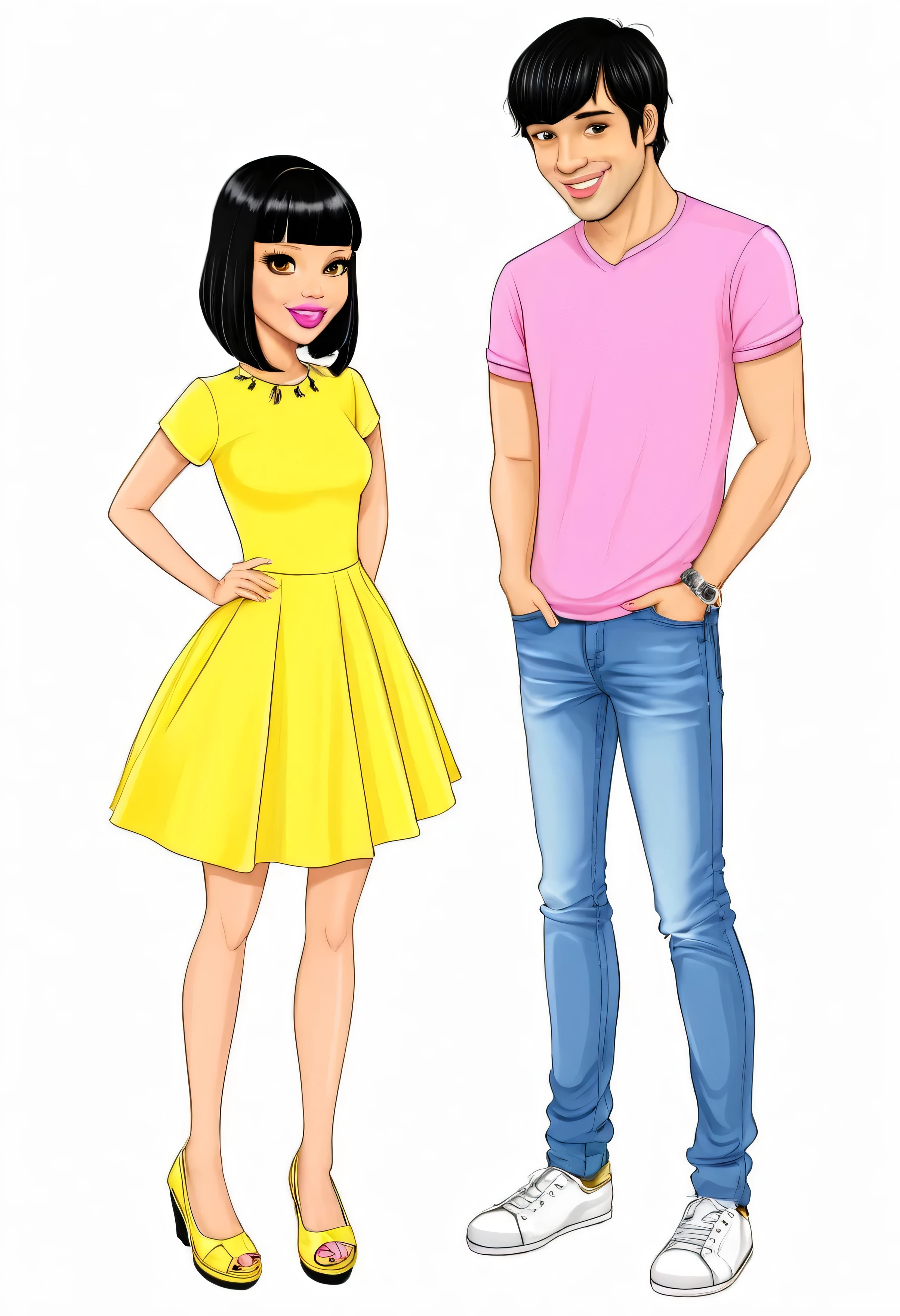 Quero um desenho Cartoon, de um casal bem fofo,I want her with short straight black hair with a yellow dress and black sandals and with slanted eyes and a small pink mouth white skin color the man I want with black hair with bangs with slanted eyes white skin color with a yellow blouse and jeans and white shoes, he has a pink mouth, he&#39;s a couple, he&#39;s one and a boy 