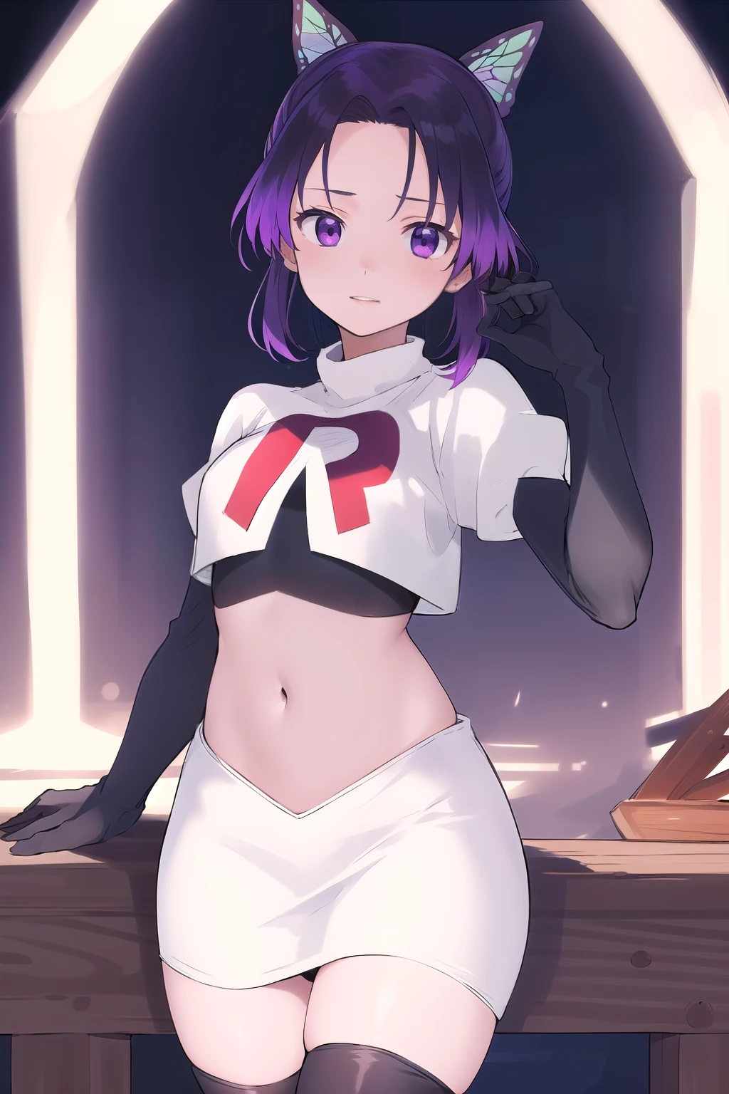 masterpiece, best quality, highres, 1girl, solo, kochou shinobu, butterfly hair ornament, purple eyes, multicolored hair, short hair, parted bangs, team rocket,team rocket uniform,white skirt,red letter R,crop top,black thigh-highs,black elbow gloves, cowboy shot, forest, night, moon