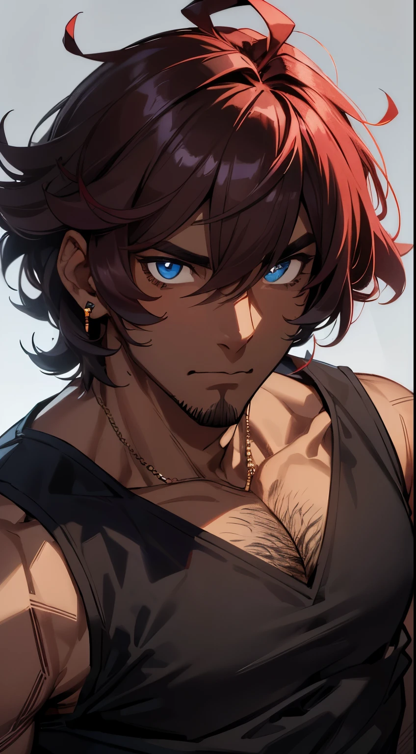 1 man, handsome, masculine, adult man, broad shoulders, close-up of face, portrait, confident expression, looking at viewer, necklace, ((dark skin:2.0)), gray skin, ((lazy eyes, between eyelids, bags under eyes, blue eyes with white pupils)),((purplish red hair, medium length hair, shaggy hairstyle)), ((muscle)), tank top, ear studs, hairy chest, short trimmed beard, thick eyebrows