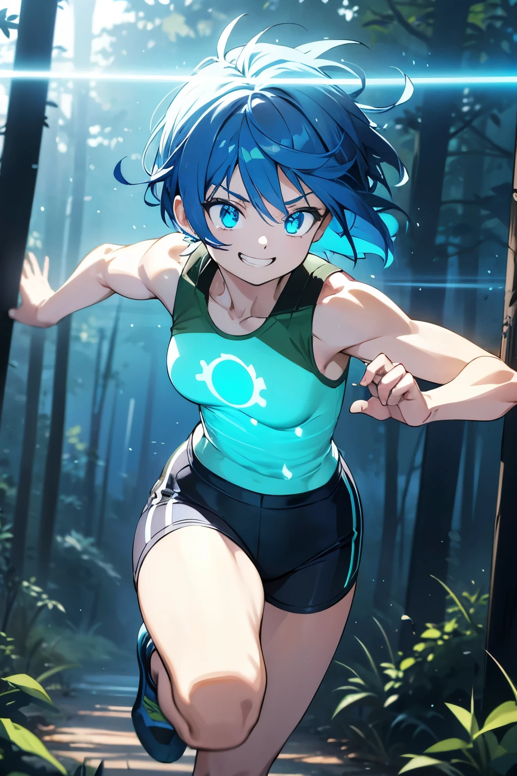 anime woman, glowing, eyes glowing, muscular, glowing very short blue hair, tank top, grin, running in forest