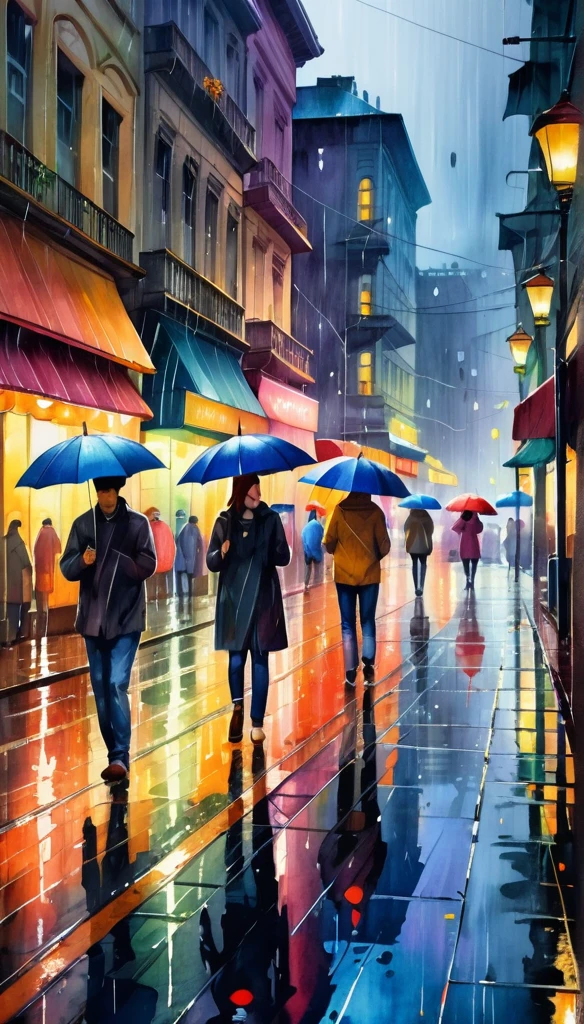 high quality watercolor painting, detailed city landscape, people with umbrellas walking in heavy rain, cars driving with lights, reflections of lights on wet streets, vibrant colors, atmospheric lighting, cinematic, masterpiece