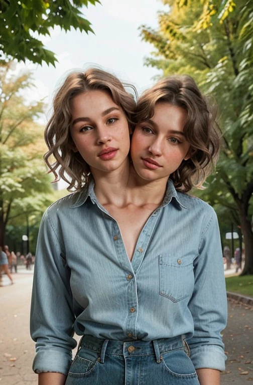 photo of 25 year old gorgeous white woman wearing jeans and shirt at park, different facial expressions, different hair colors, different hair styles,best quality,4k,8k,ultra hires,realistic,photo realistic,RAW photo,hdr,sharp focus,skin imperfections,masterpiece,hard light,athmospheric,conjoined_dicephalus,(two heads:1.5),