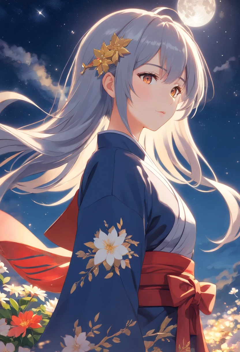 1 woman, 28 years old, with long wavy platinum gray hair, golden floral decorations, bangs on both sides, golden eyes and delicate features with two nearby moles on the left cheek, bust highlighted with red hakama and white kosode, starry sky and full moon.
