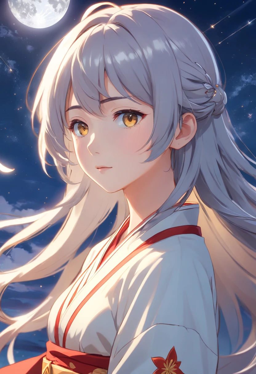 1 woman, 28 years old, with long wavy platinum gray hair, golden floral decorations, bangs on both sides, golden eyes and delicate features with two nearby moles on the left cheek, bust highlighted with red hakama and white kosode, starry sky and full moon.