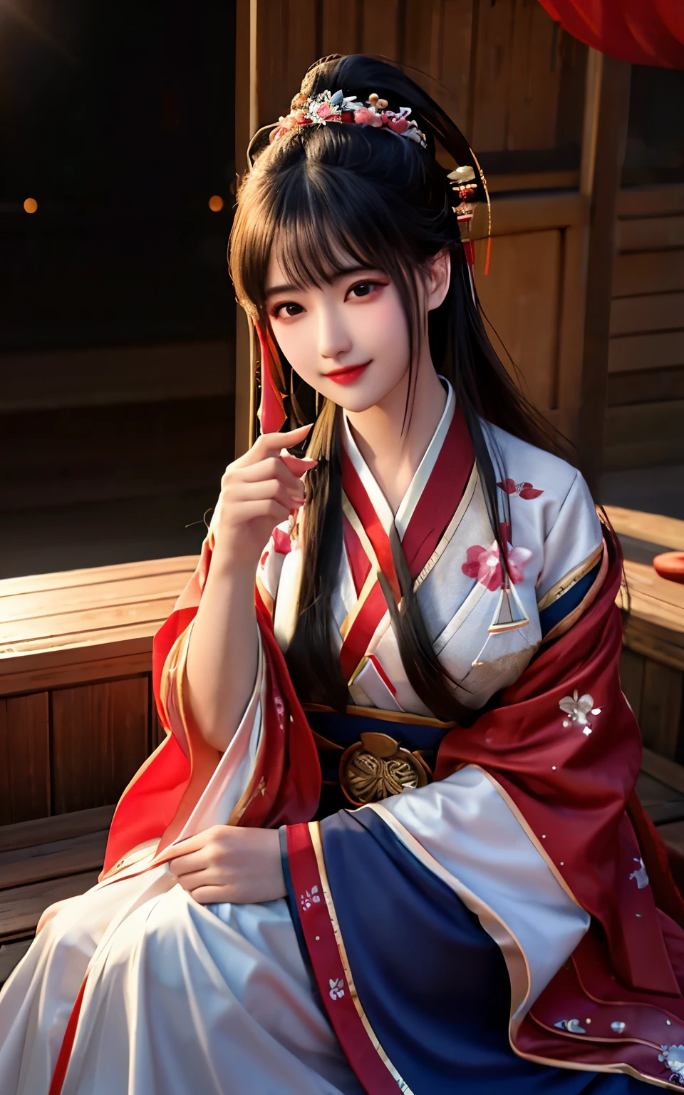best quality,masterpiece,highres,1girl,blush,(seductive smile:0.8),star-shaped pupils,red china hanfu,hanfu,chinese clothes,hair ornament,necklace,jewelry,Beautiful face,upon_body,tyndall effect,photorealistic,dark studio,rim lighting,two tone lighting,(high detailed skin:1.2),8k uhd,dslr,soft lighting,high quality,volumetric lighting,candid,Photograph,high resolution,4k,8k,Bokeh,