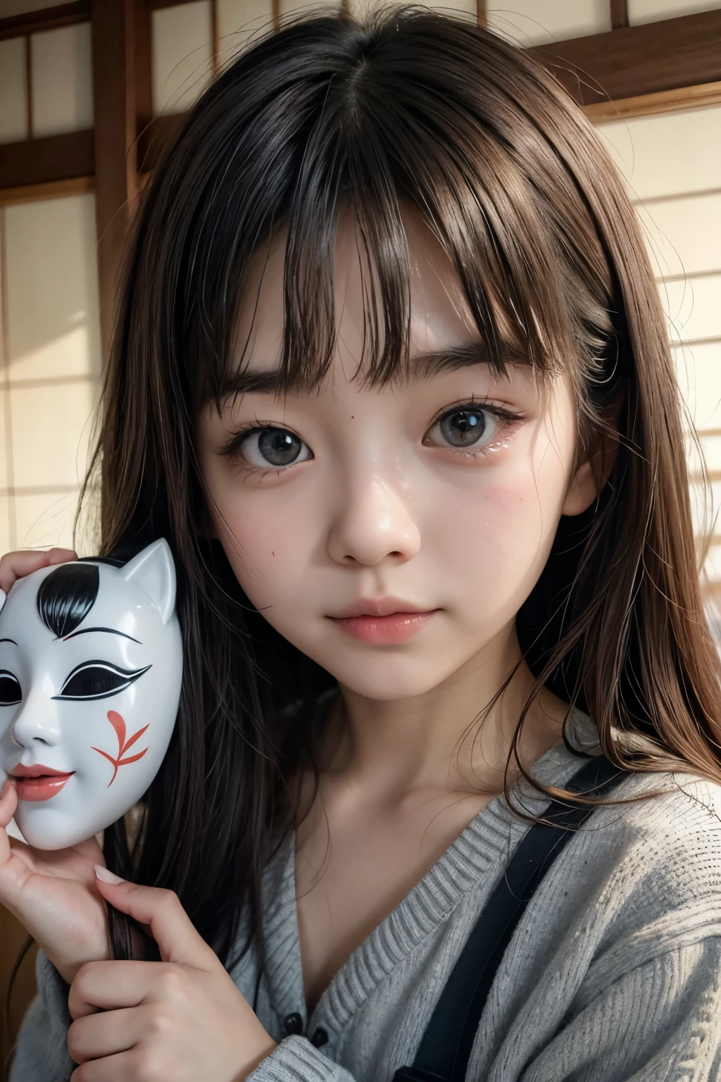 extremely detailed cute girl holding up a japanese mask towards her face 