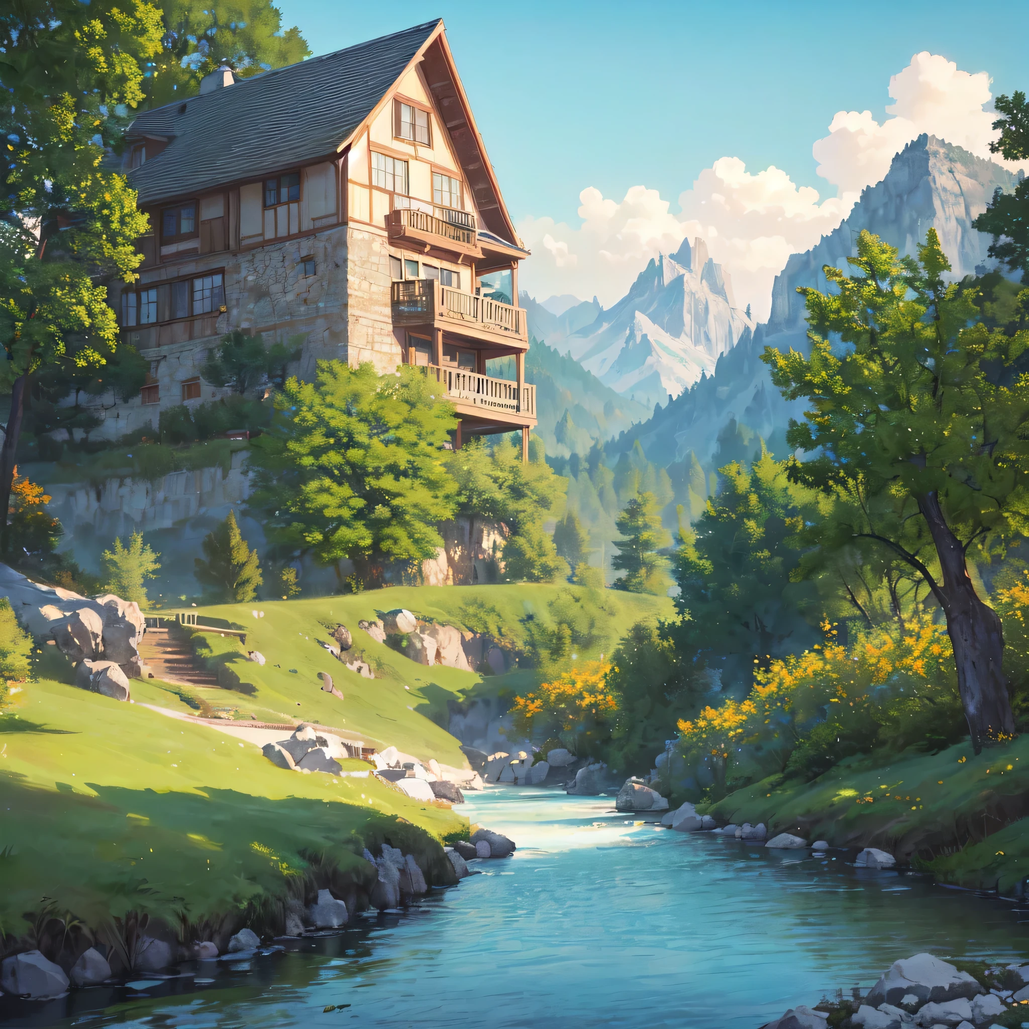 ((masterpiece:1.4,best quality)), cloud,   outdoors
(mountains), spring glade,river,House, scenery, sky,
(noon:1.4), high detail, abundant, 8k, high detail, wallpaper,
 