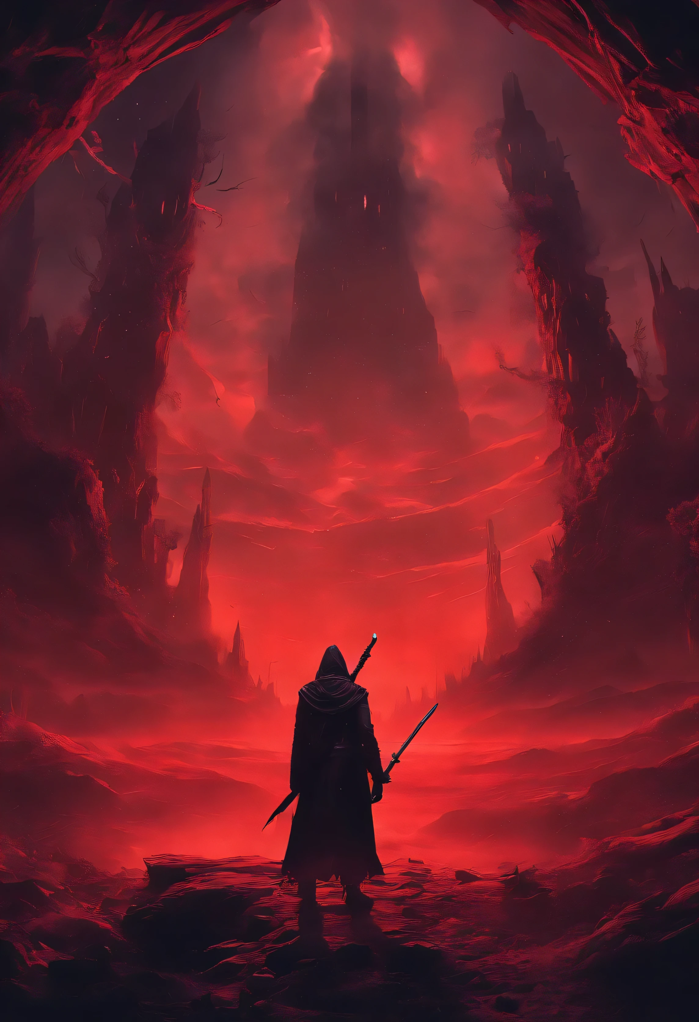 (best quality,4k,8k,highres,masterpiece:1.2),ultra-detailed,(realistic,photorealistic,photo-realistic:1.37),illustration,dark fantasy,action-packed scene,Suspenseful atmosphere,ominous vibes,game cover,adventurous,Stranger Things inspired,Abyssal landscape,dark portal,hidden danger,mystical elements,group of adventurers,tense moment,sense of urgency,mysterious aura,menacing threat,asymmetric design,neon lights,gleaming sword,glowing spells,cloaked figures,hazy mist,ominous red glow,strategic positioning,dynamic composition,magical artifacts,destructive power,dark cloud looming,haunting presence,dramatic sky,foreboding shadows,secretive ritual,uncertain fate