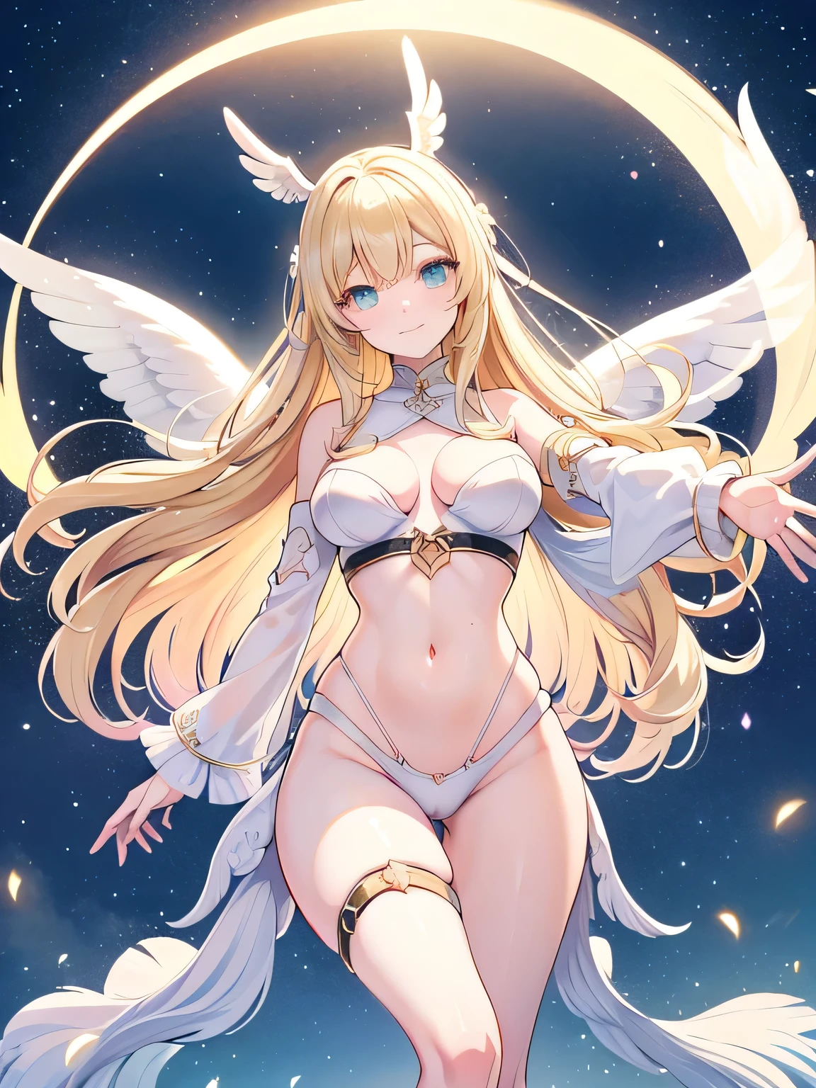 {{masterpiece}}, {{best quality}}, {ultra-detailed}3, {colorful}, {gradation}, magic circle, night, moon, Starry sky, a sexy woman, solo, angel, beautiful blond hair, beautiful green eyes, {beautiful eyes}, white-skinned, long hair, wings, smile, luminous effect, aurora,{whole body},{Floating}