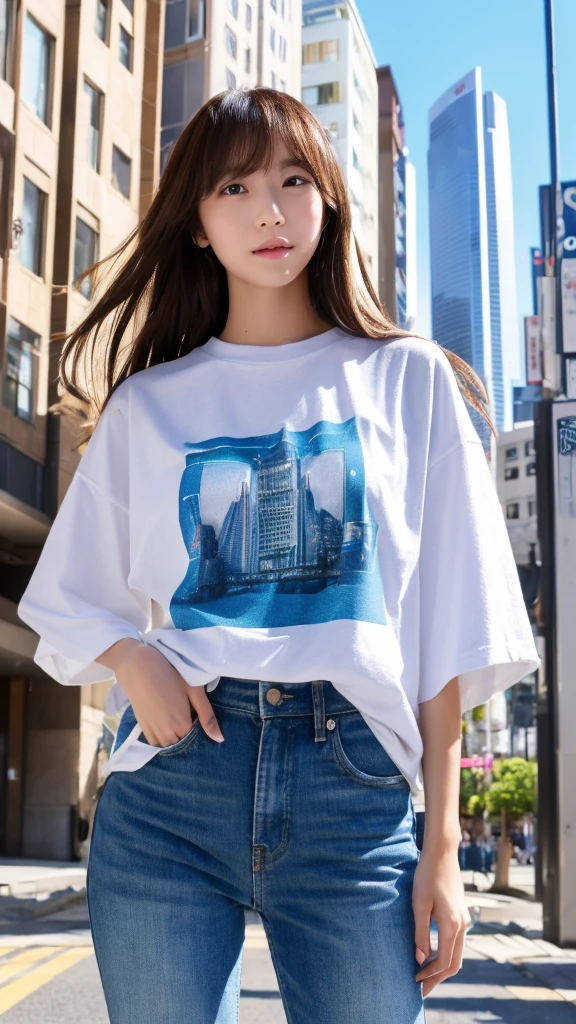 Bright outdoors、Walking around the city、((masterpiece))、((Highest quality))、picture、Reality、high resolution、Advanced Depth of Field、Ultra-detailed、Realistic lighting、((A tight white T-shirt with New York on it)),Black Skirt))、((It's close so it's close、Right in front of you))、Married women、20th Generation、Delicate facial features、Long wave brown hair、ponytail、Realistic background and accessories、Big ample breasts、valley、Plump body、Sexy smile、Serious gaze、from the front,Pink Skirt,Pink sexy panties,A strong wind is blowing and my hair is fluttering
