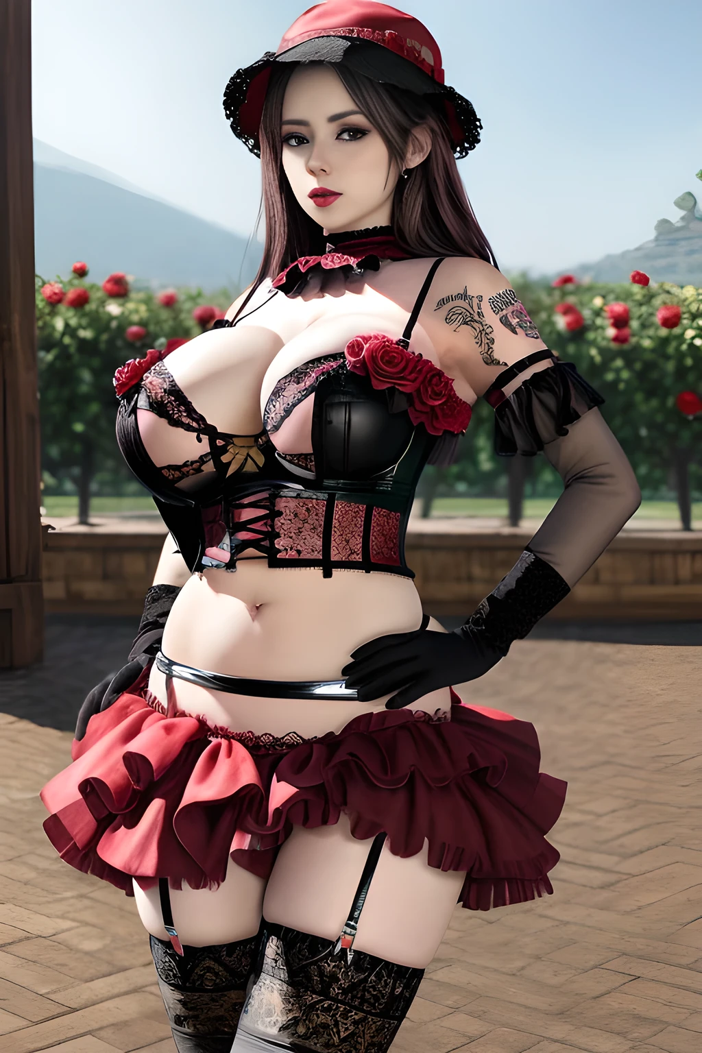 1 girl,BREAK (Royal:1.4), (red and black theme:1.5), ((red) bucket hat with rose corsage:1.4), (fusion of black high neck crop top and latex (red bustier):1.4), ((floral lace, see-through):1.3), ((sleeveless, bare shoulders):1.3), (red tiered skirt with black ruffles:1.4), ((ultra long gloves) with floral lace:1.3), (wrap a (cat garter) around thighs:1.4), outdoor,elegant,nighttime,moonlighe,shiny skin,( huge breasts), lip gloss,tattoos, masterpiece, best quality, realistic ,Surrealism,natural colors art in 8k,soft shadows,High-definition RAW color photos professional portrait photos,solo,  elise,