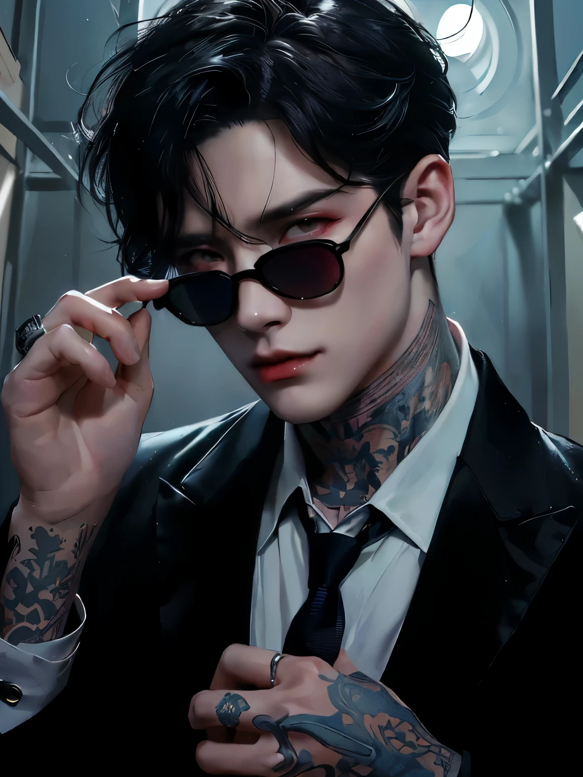 un primer plano de una persona con corbata y gafas de sol, chico guapo en el arte de Demon Slayer, cuchilla del grupo de drenaje, androgynous vampire, inspirado en Yanjun Cheng, expired technology. estilo neo negro, obra de arte al estilo de guweiz, tendencia en el arte desviado, neoartcore y charlie bowater, estilo de seb mckinnon