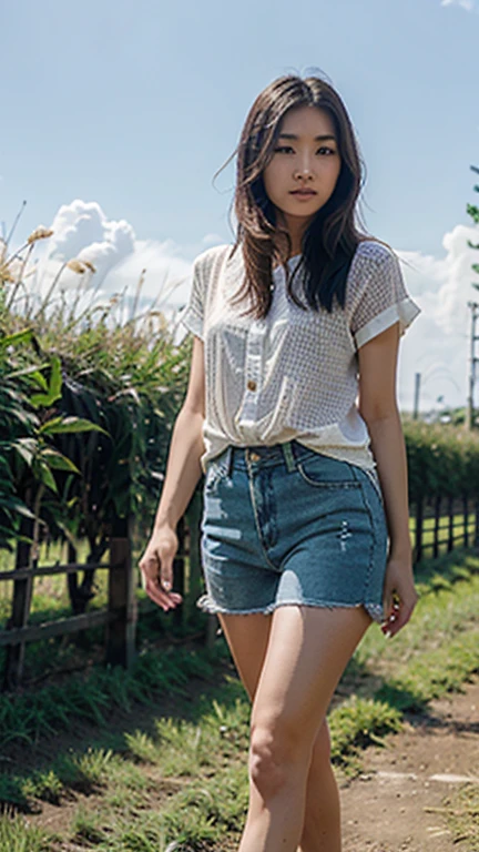 Taiwanese beauty,casual wear,in the fields,walk,sunny,Sexy