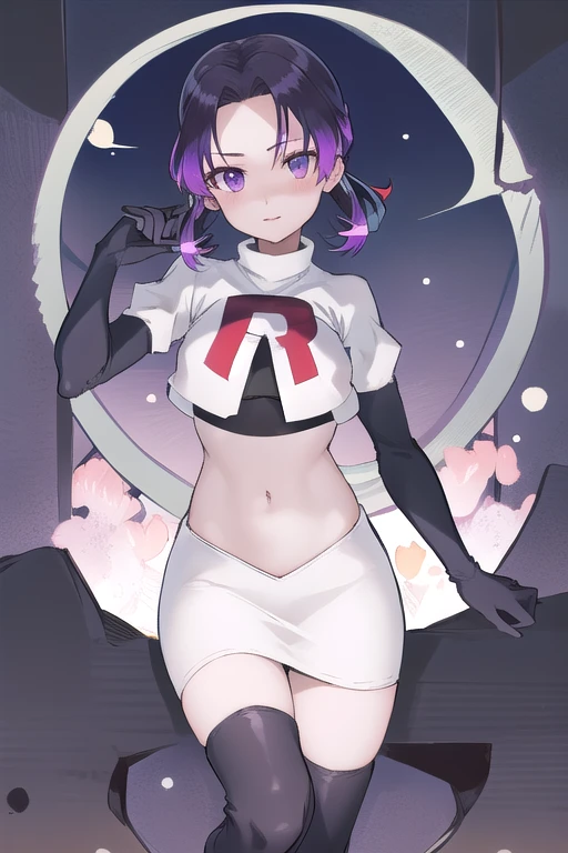 masterpiece, best quality, highres, 1girl, solo, kochou shinobu, butterfly hair ornament, purple eyes, multicolored hair, short hair, parted bangs, team rocket,team rocket uniform,white skirt,red letter R,crop top,black thigh-highs,black elbow gloves, cowboy shot, forest, night, moon
